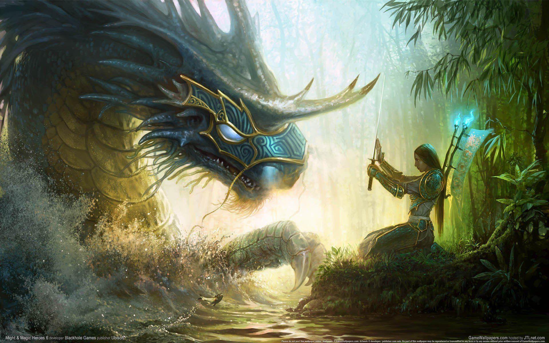 girl forest sword water monster magic HD wallpaper