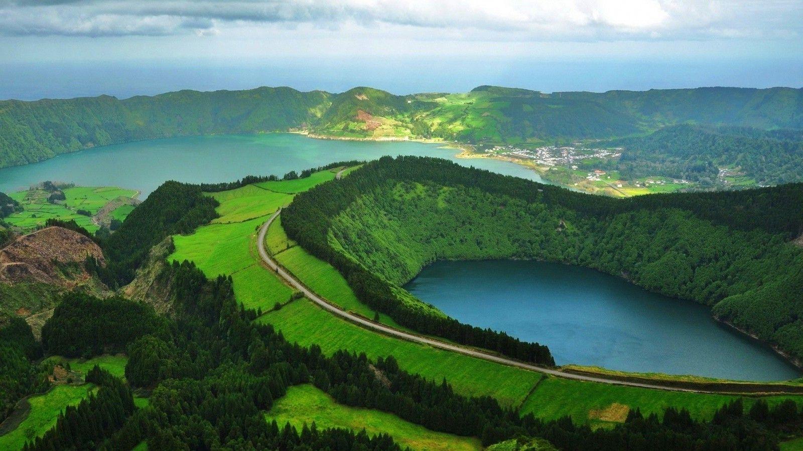 nature, Landscape, Lake, Portugal, Road, Green, Trees, Clouds