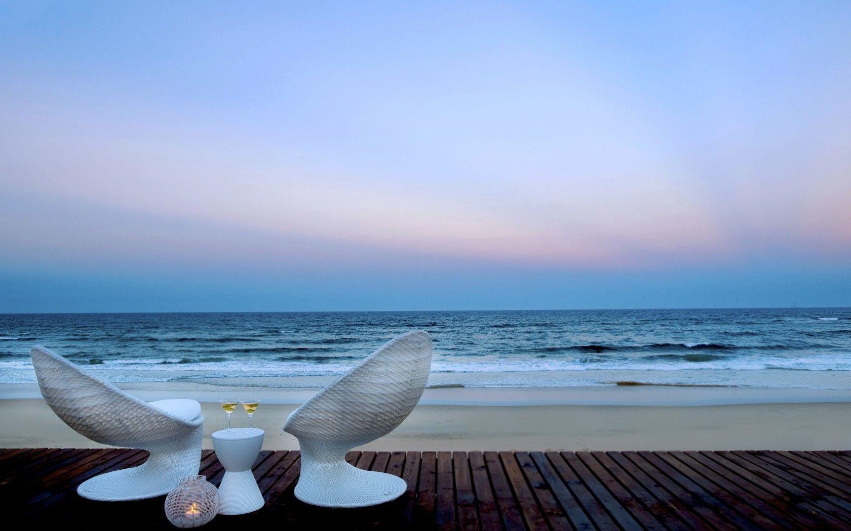 Wallpaper Chairs, Sea, Beach, Wine glasses, Candles, Romance HD