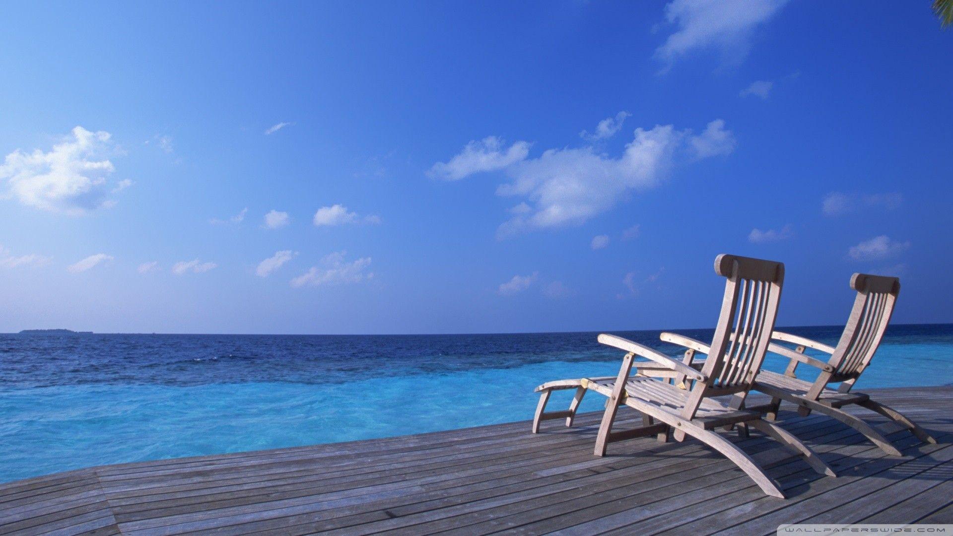Oceans: Island Looking Sea Deck Tropical Chairs Sky Ocean HD