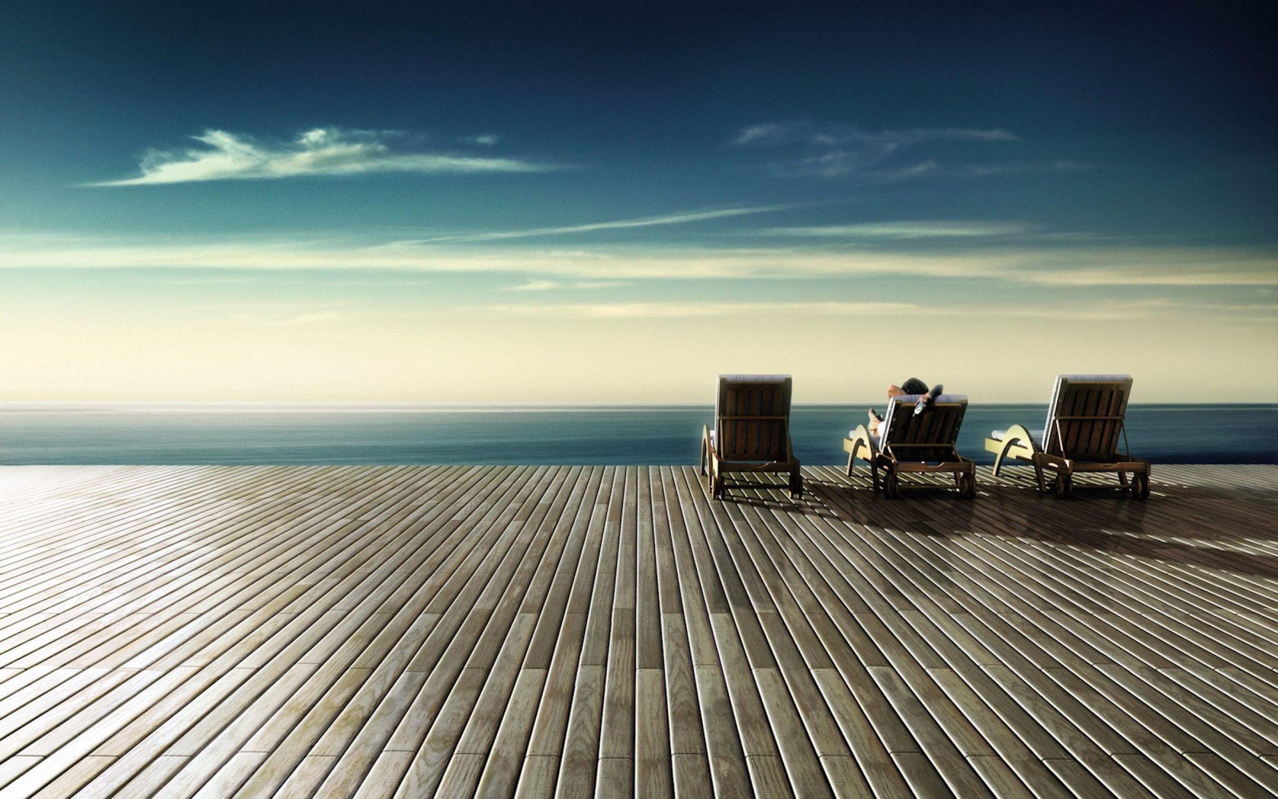Download Wallpaper 2560x1600 Chairs, Wood floor, Rest, Sky, Shore