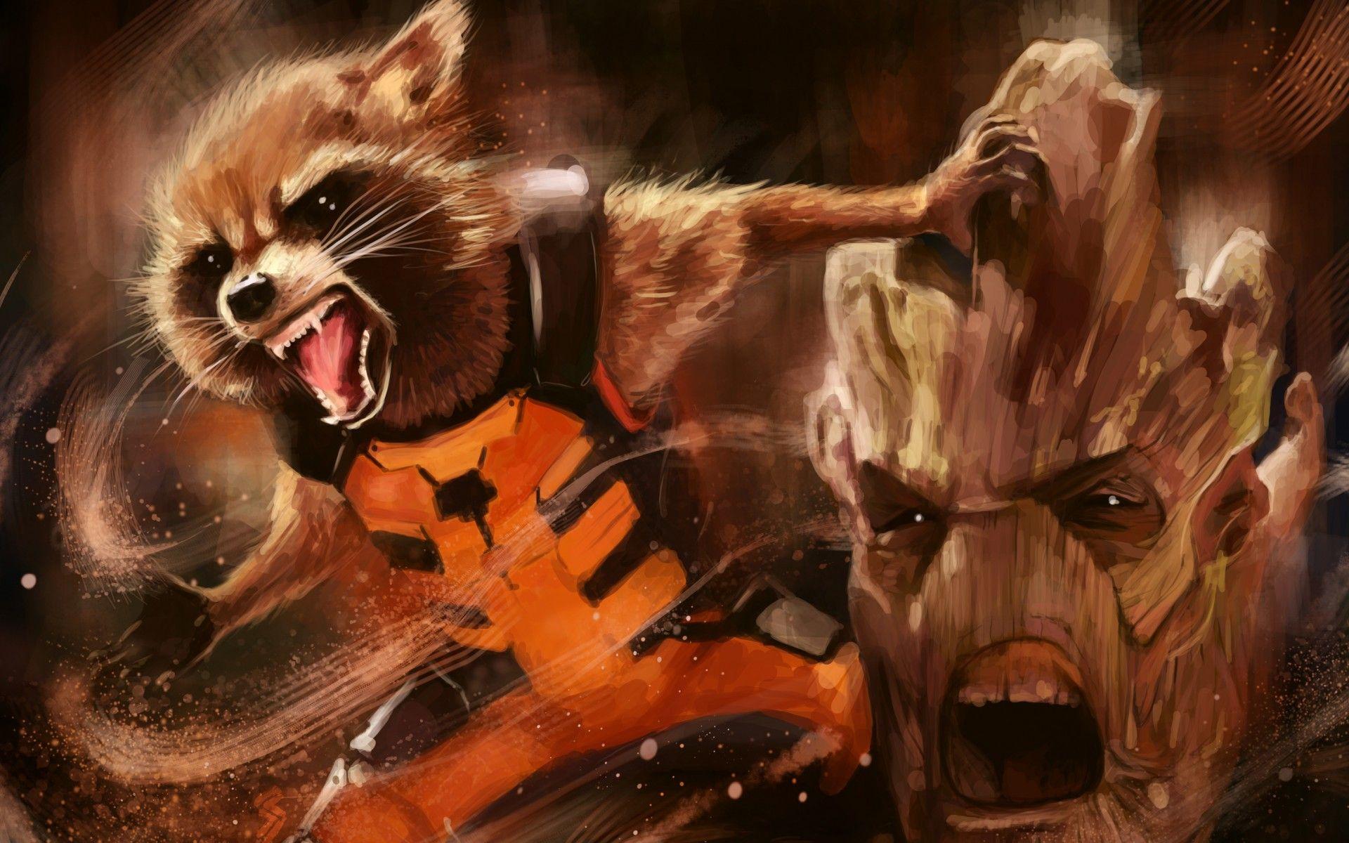 Wallpaper Groot, Rocket Raccoon, Guardians of the Galaxy, Artwork