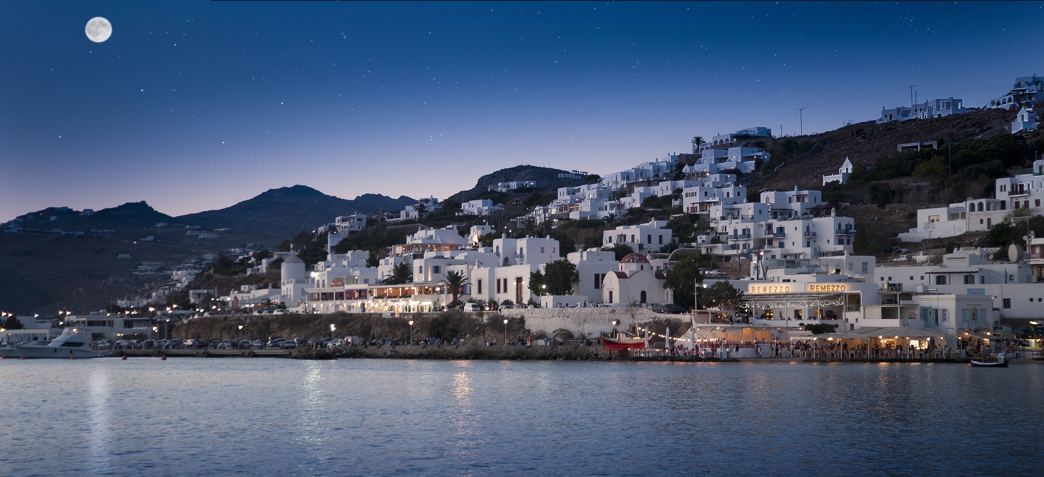 Coast Houses Sky Greece Moon mykonos mediterranean Cities
