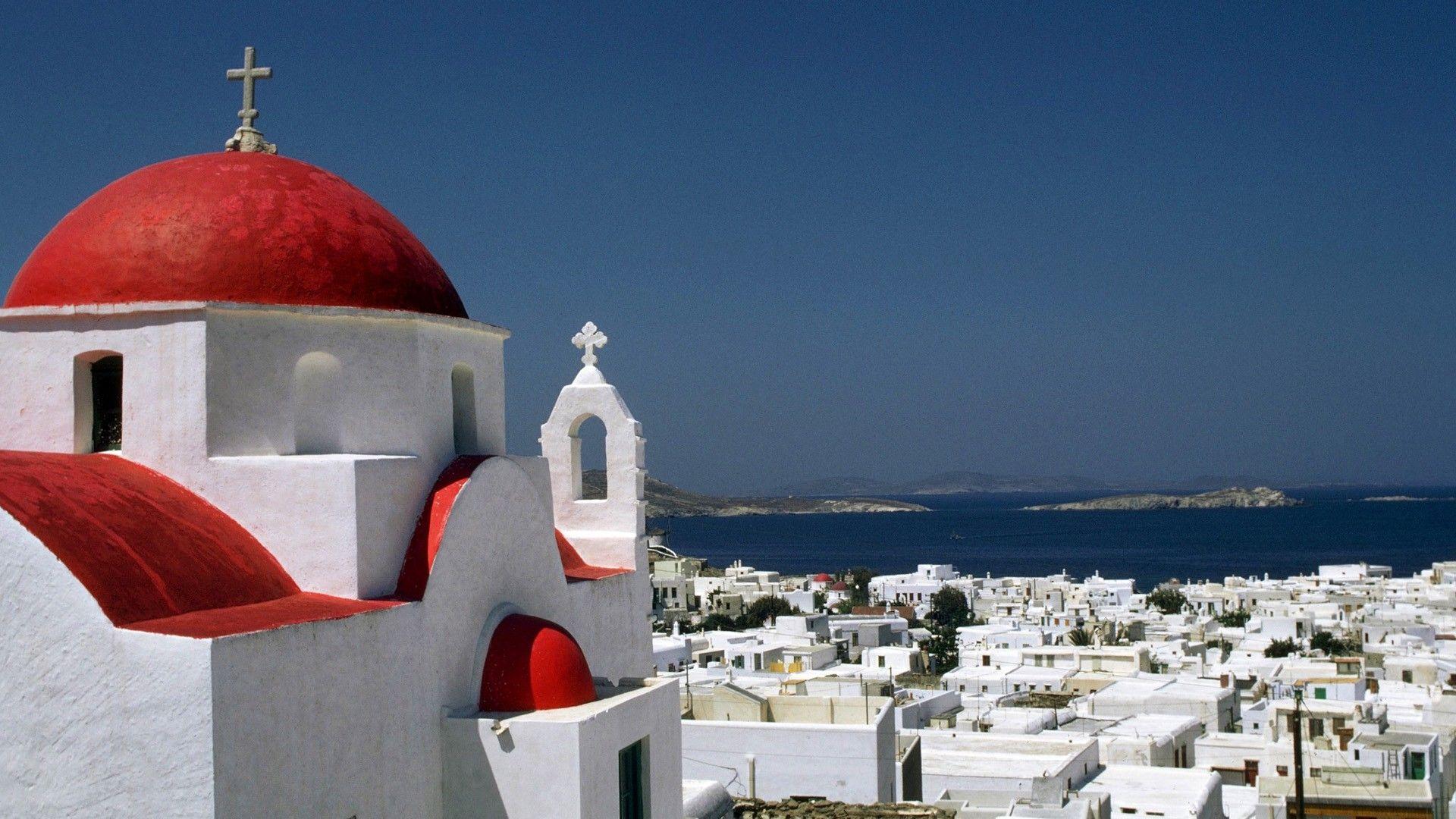 Red Domed Church, Mykonos Full HD Wallpaper. Cityscapes