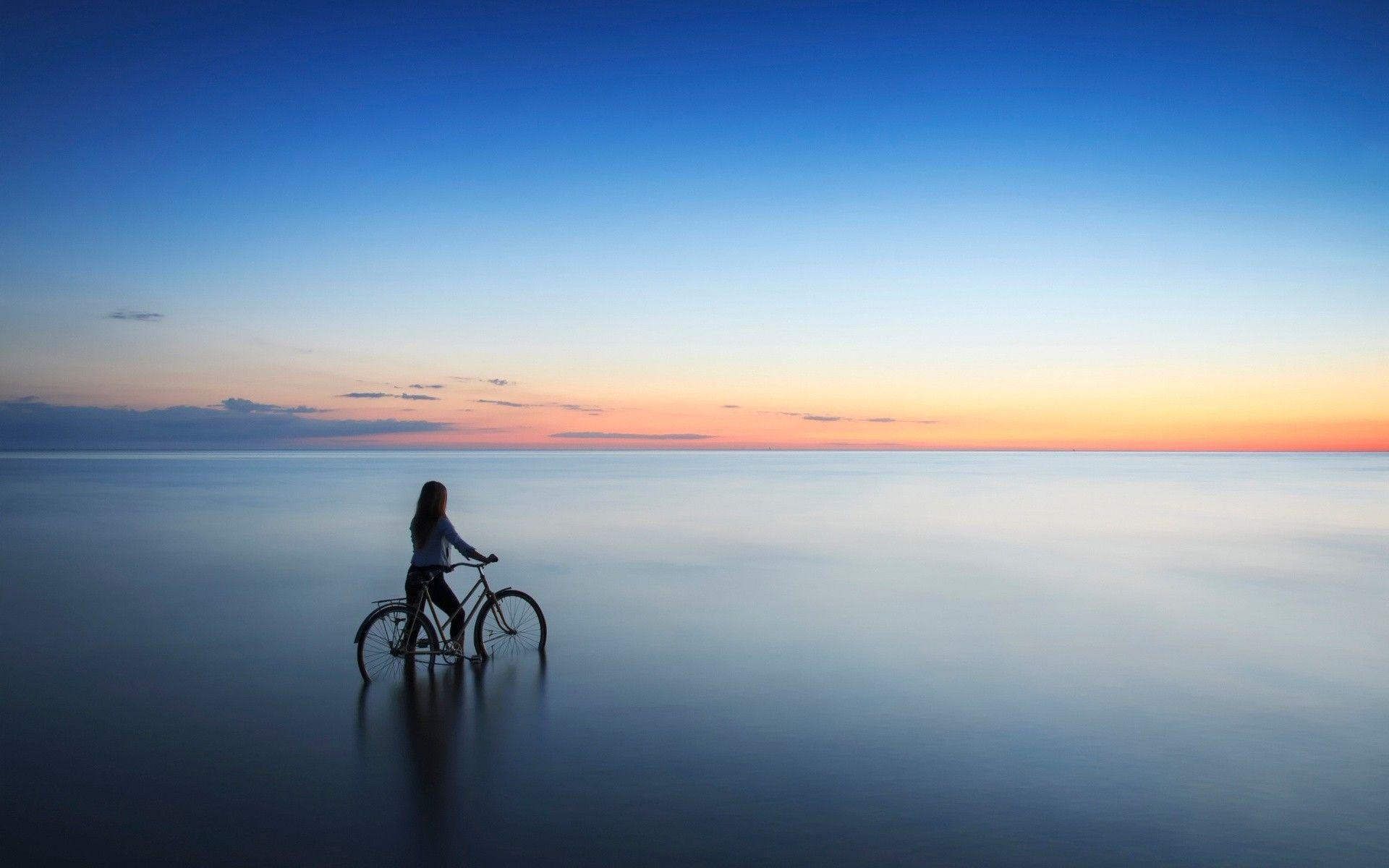 women outdoors, Sea, Bicycle, Latvia, Sunset Wallpaper HD