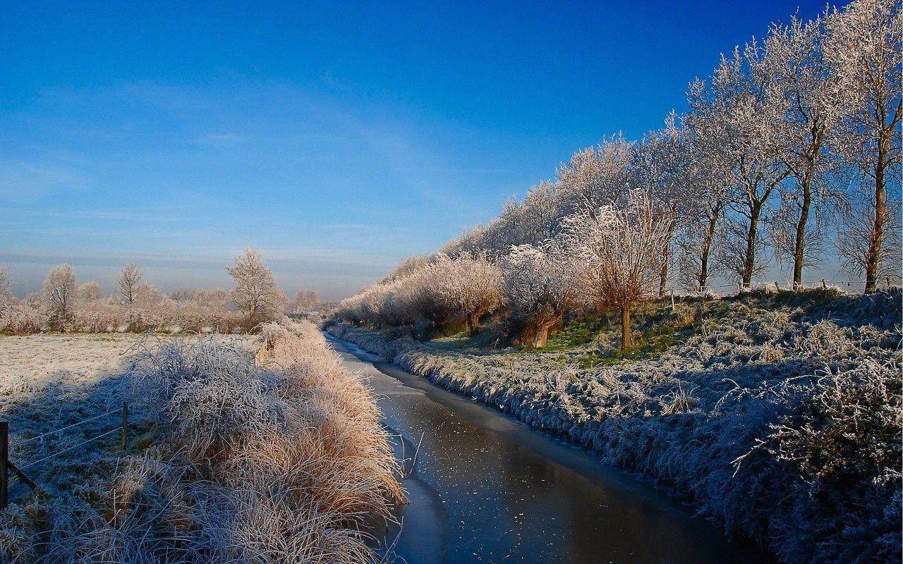 Winter: Winter Latvia Fields Channel Water Trees Landscape 1080p