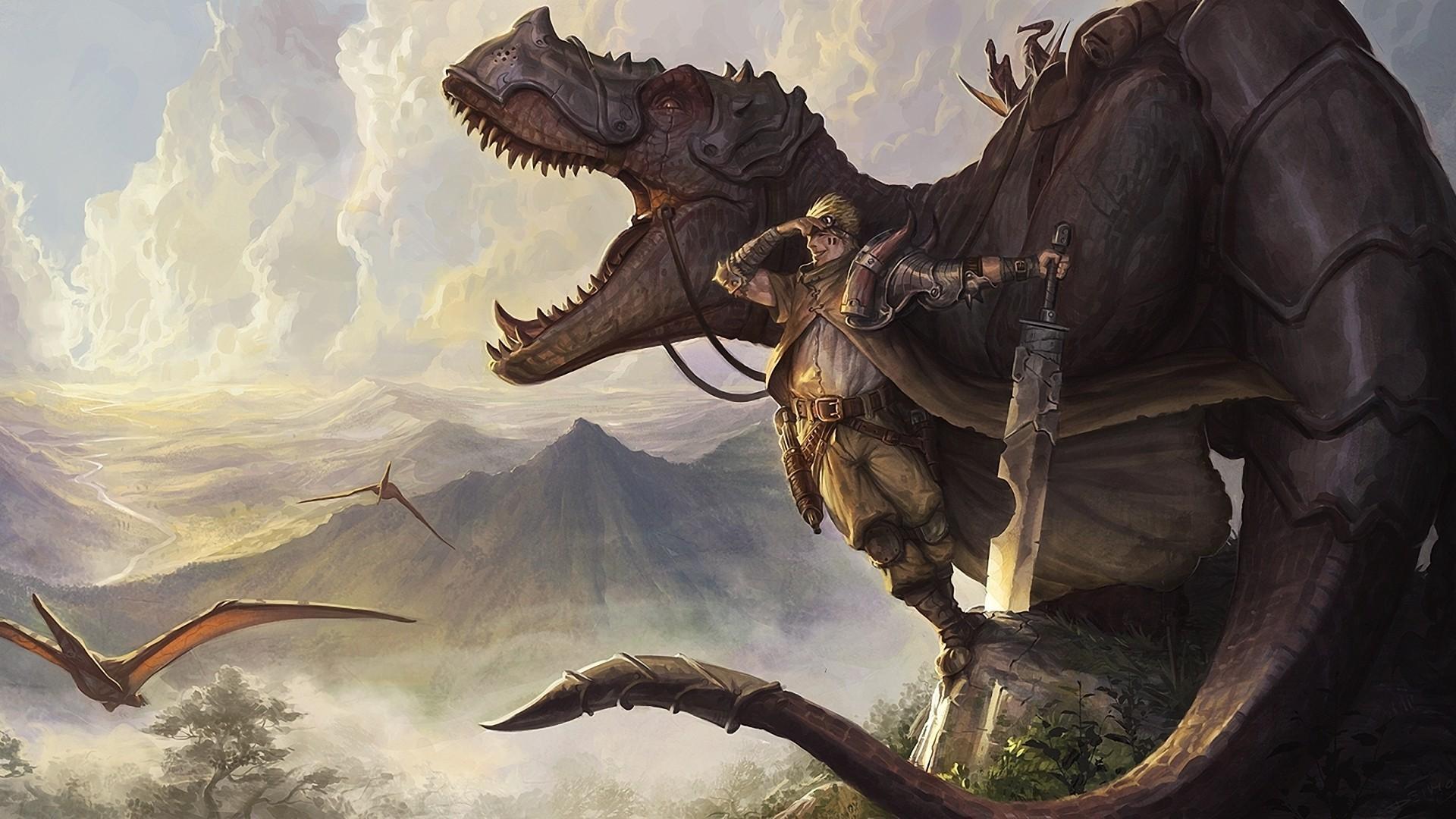 Dinosaurs fantasy art artwork tyrannosaurus rex swordsman