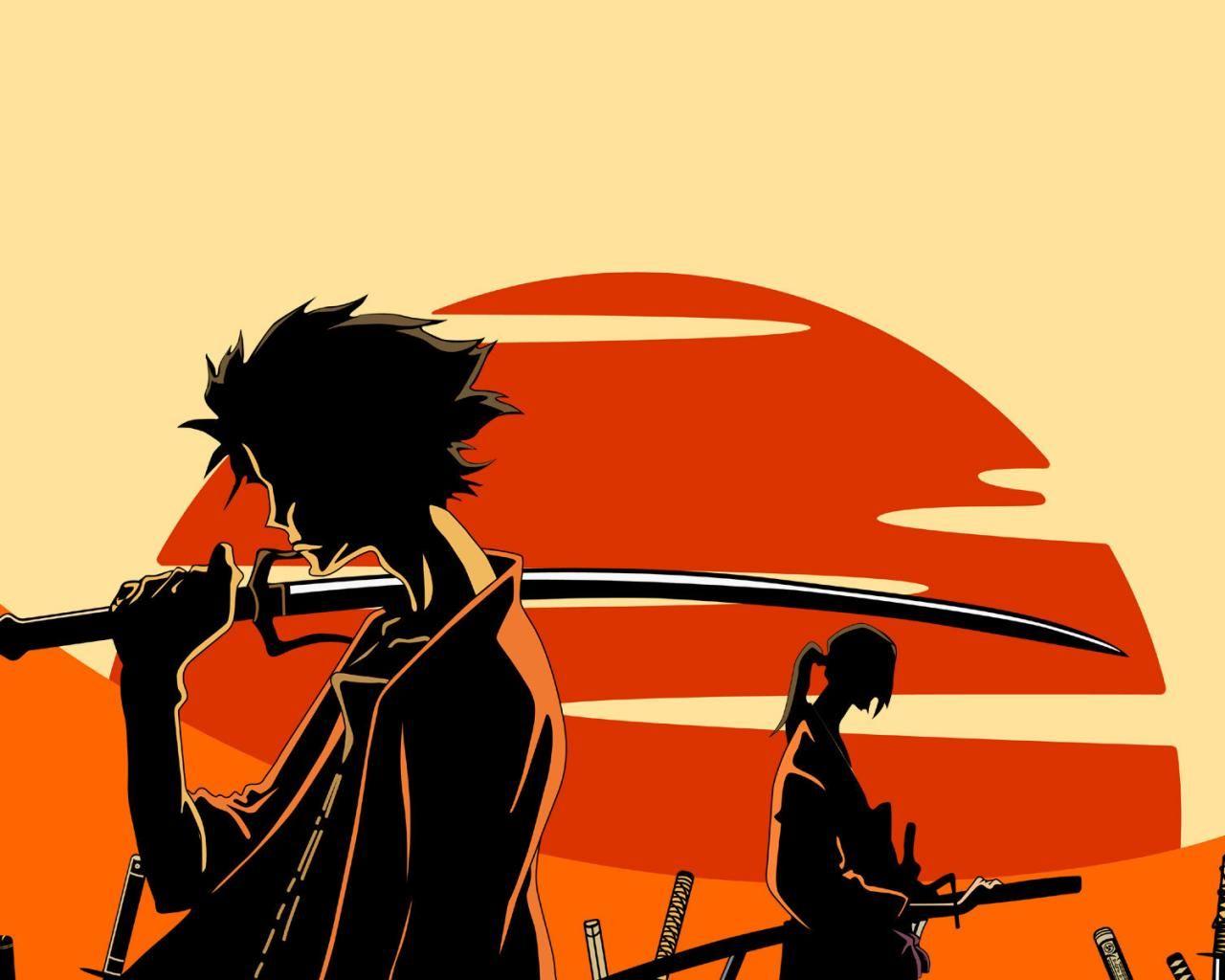 Anime japanese swordsman in rising sun