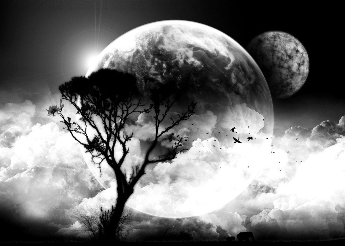 Art Black And White Clouds Moon Tree Inspiring Picture. like