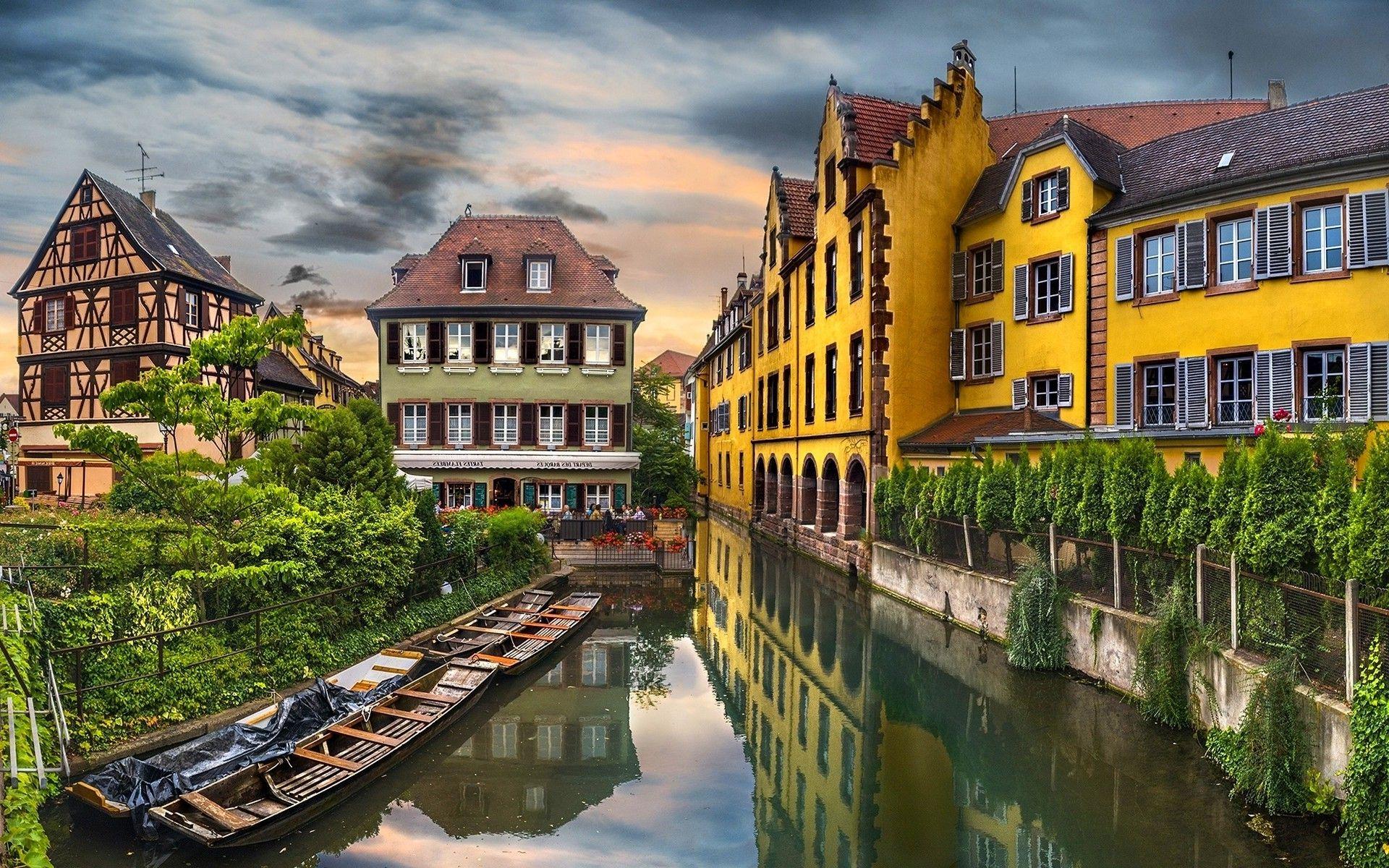 landscape, City, Canal, Trees, Building, Water, Reflection, Colmar