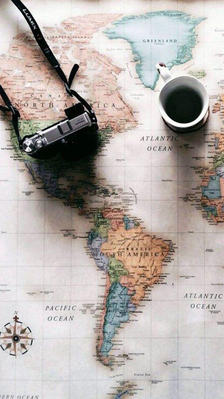 World Map Travel Plans Camera Coffee iPhone 6 Wallpaper. iPhone