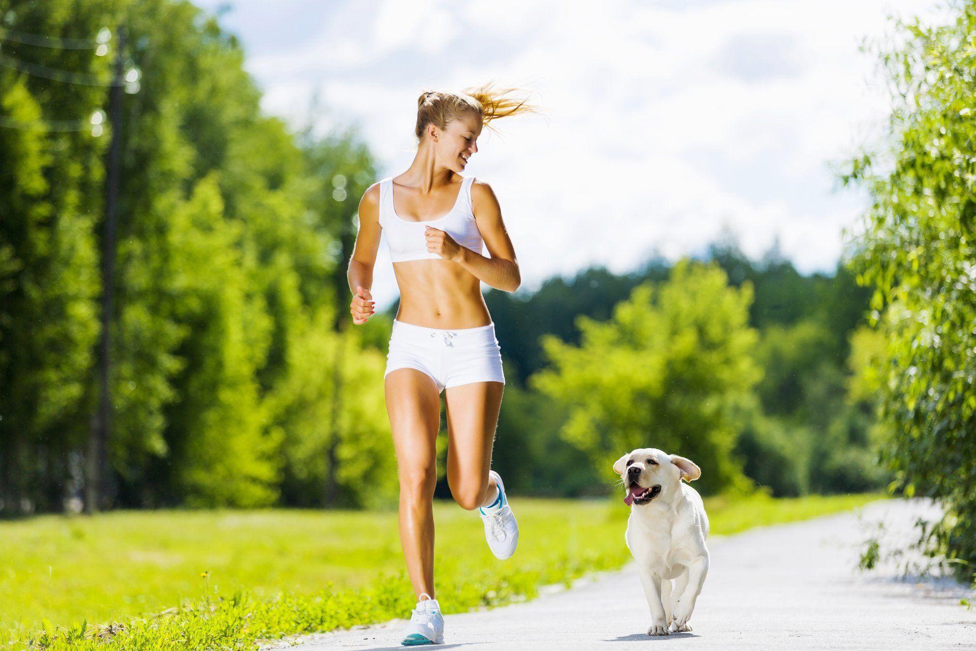 woman running dog physical activity HD wallpaper