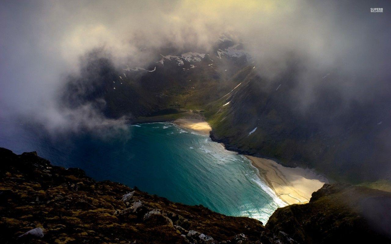 Ocean Bay Peaks Foggy Aerial wallpaper. Ocean Bay Peaks Foggy