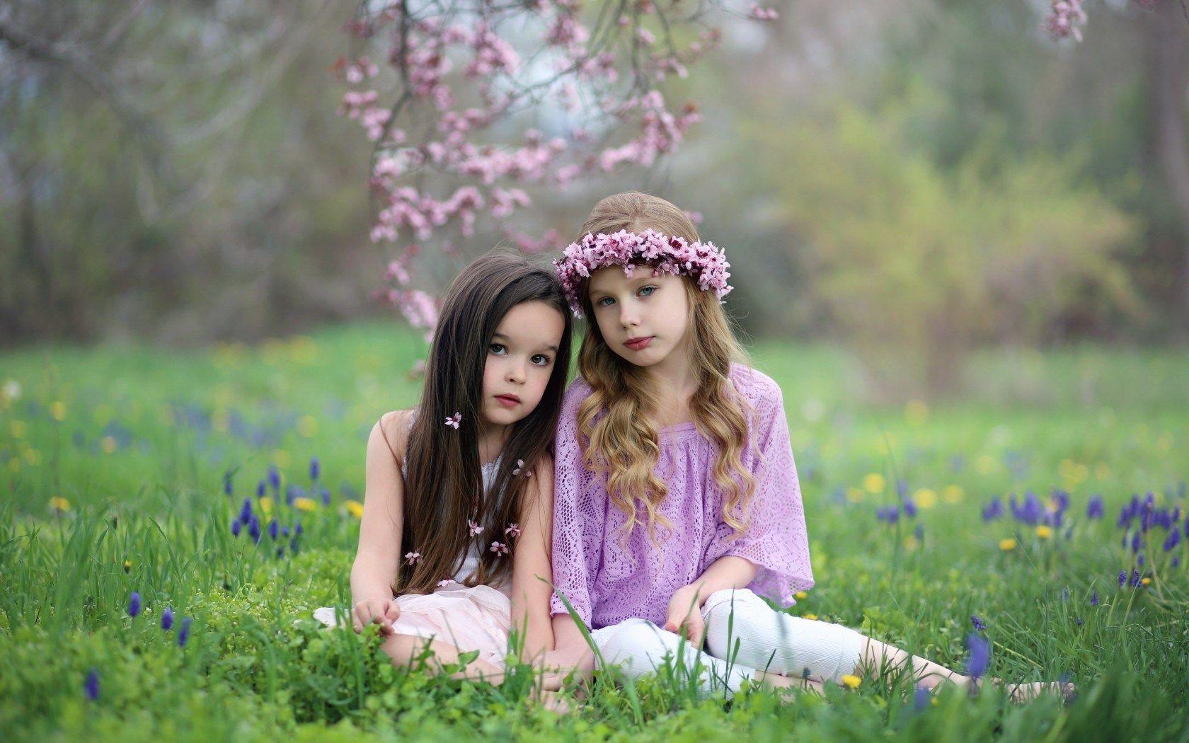 cute, twins, little girls, spring, photo, grass, nature, HD wallpaper