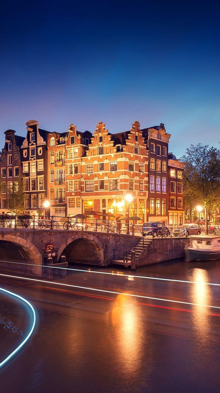Amsterdam, Nederland, night, houses, bridge, river, lights iPhone
