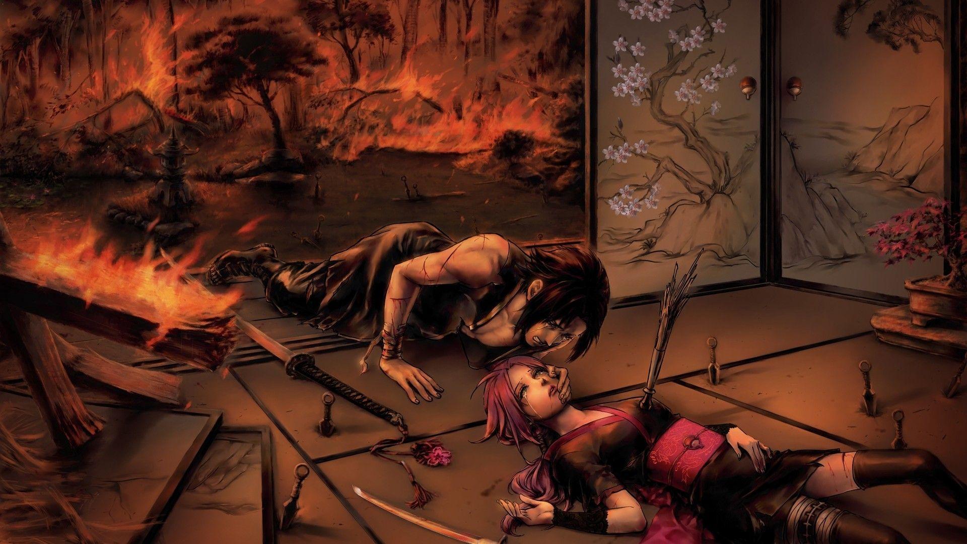 war, death, Haruno Sakura, Uchiha Sasuke, kunai, lying down