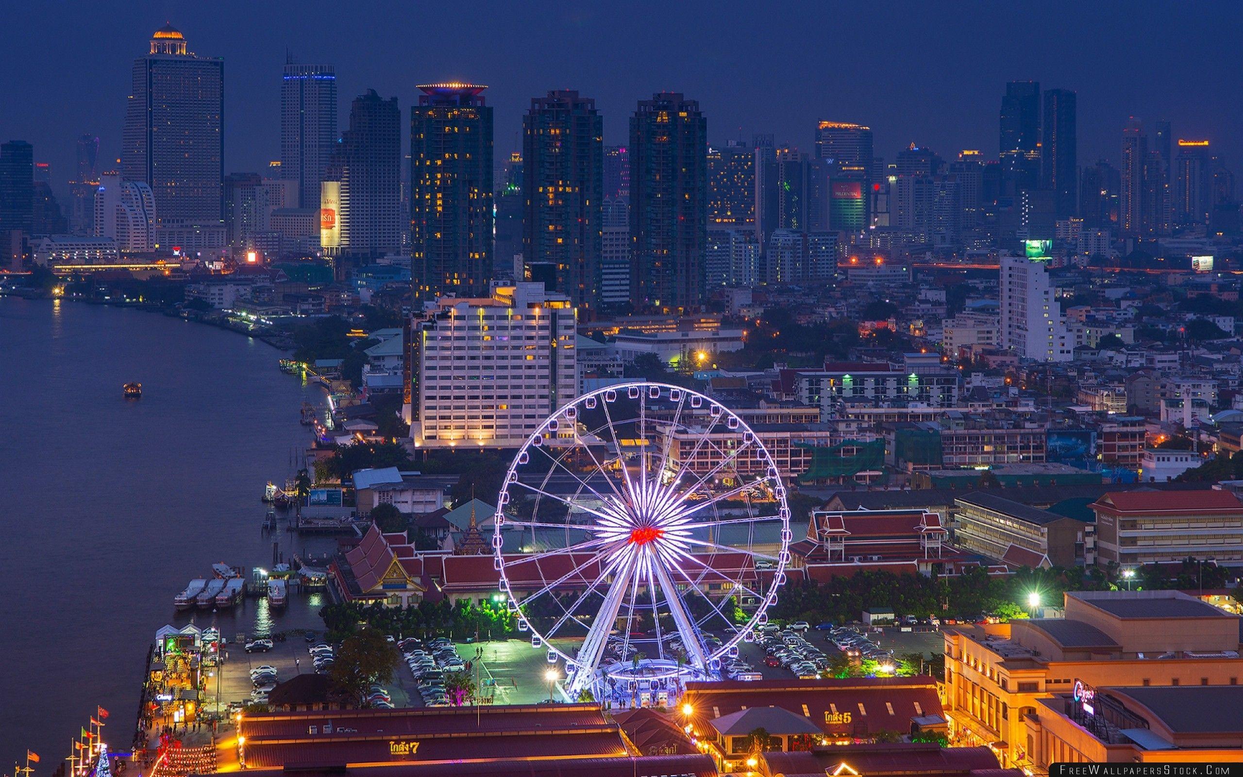 Thailand Bangkok Capital Metropolis Night City Skyscrapers River