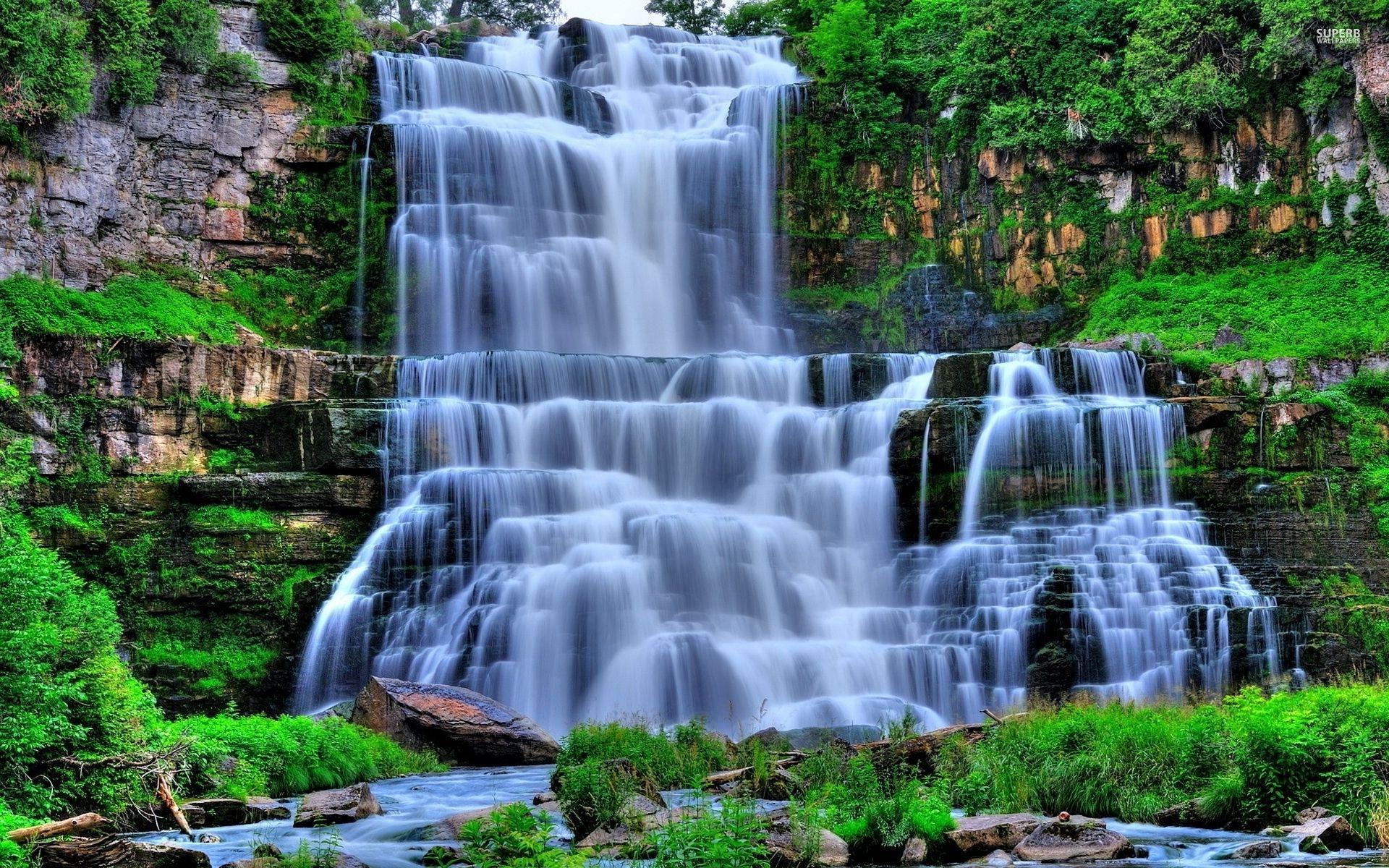 Waterfall Cascade Mossy Cliffs wallpaper. Waterfall Cascade