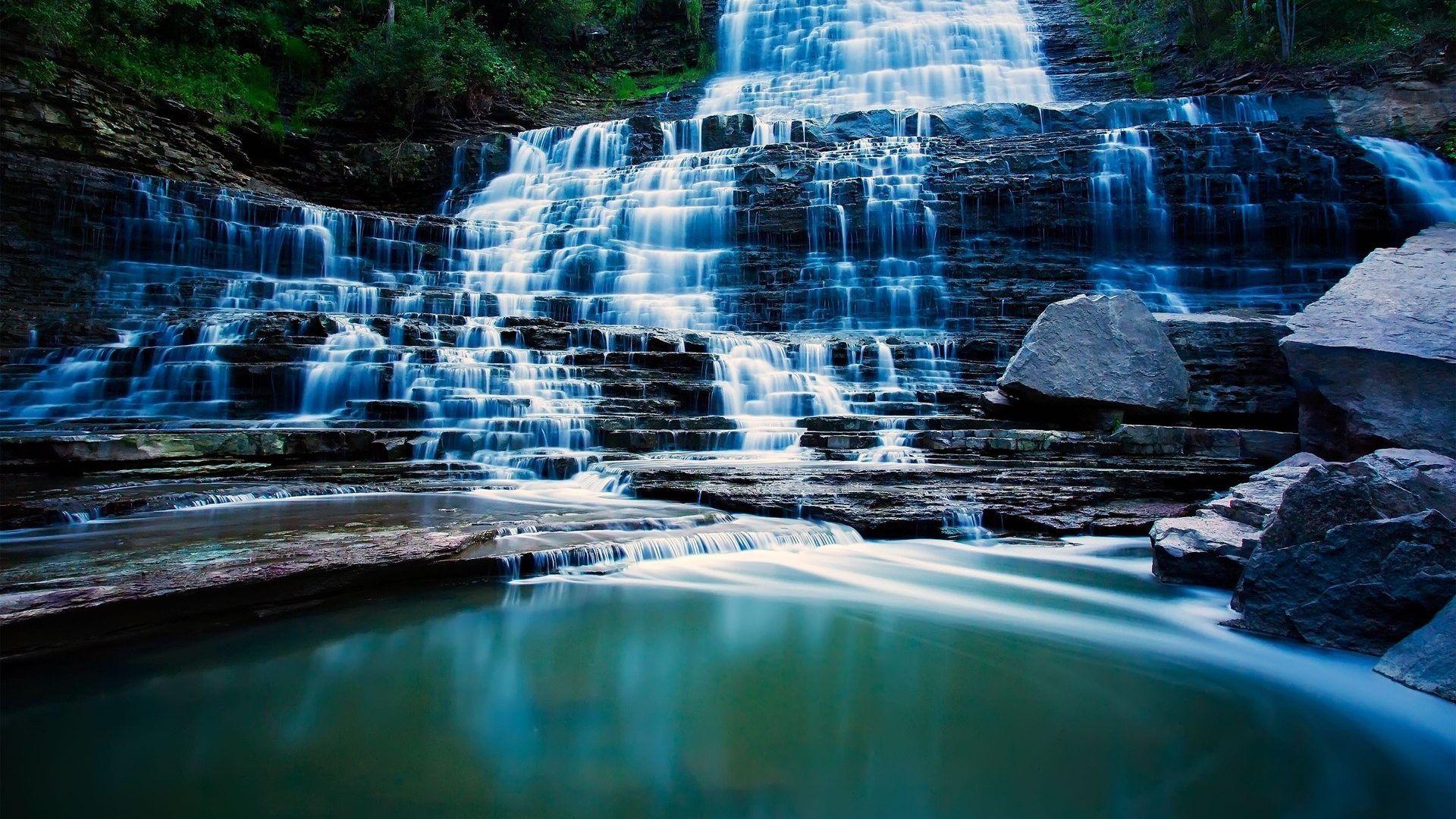 Waterfalls: Scenic Nature Waterfall Rivers Water Trees Rocks Shore