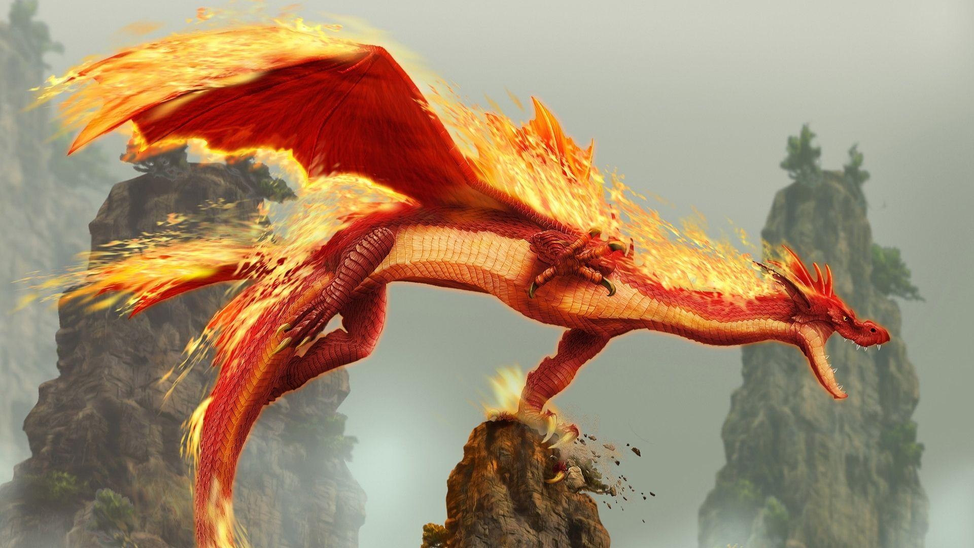 Download Wallpaper 1920x1080 Dragon, Fire, Mouth, Mountain Full HD