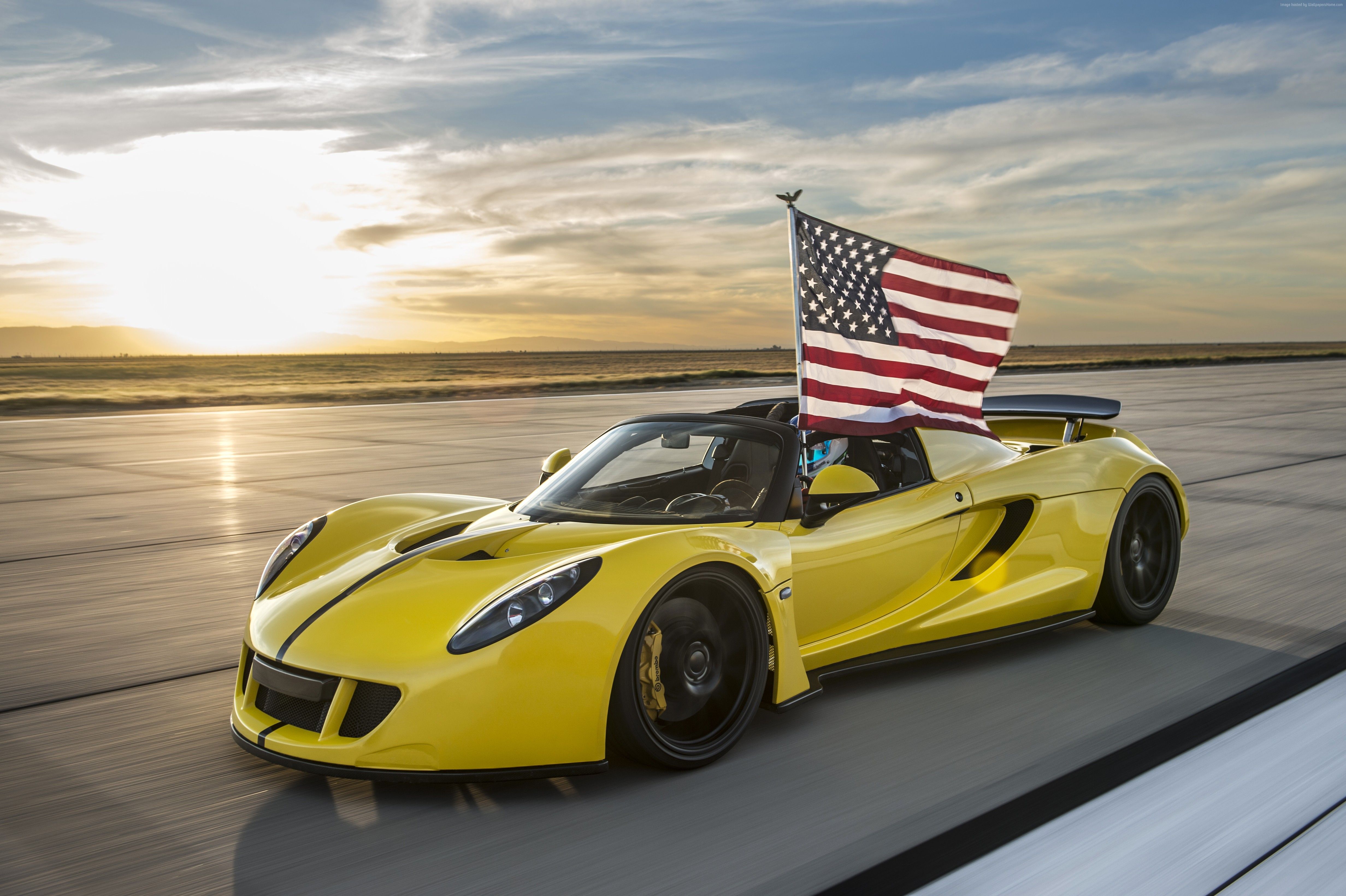Wallpaper Hennessey Venom GT Spyder, yellow, flag USA, sport car