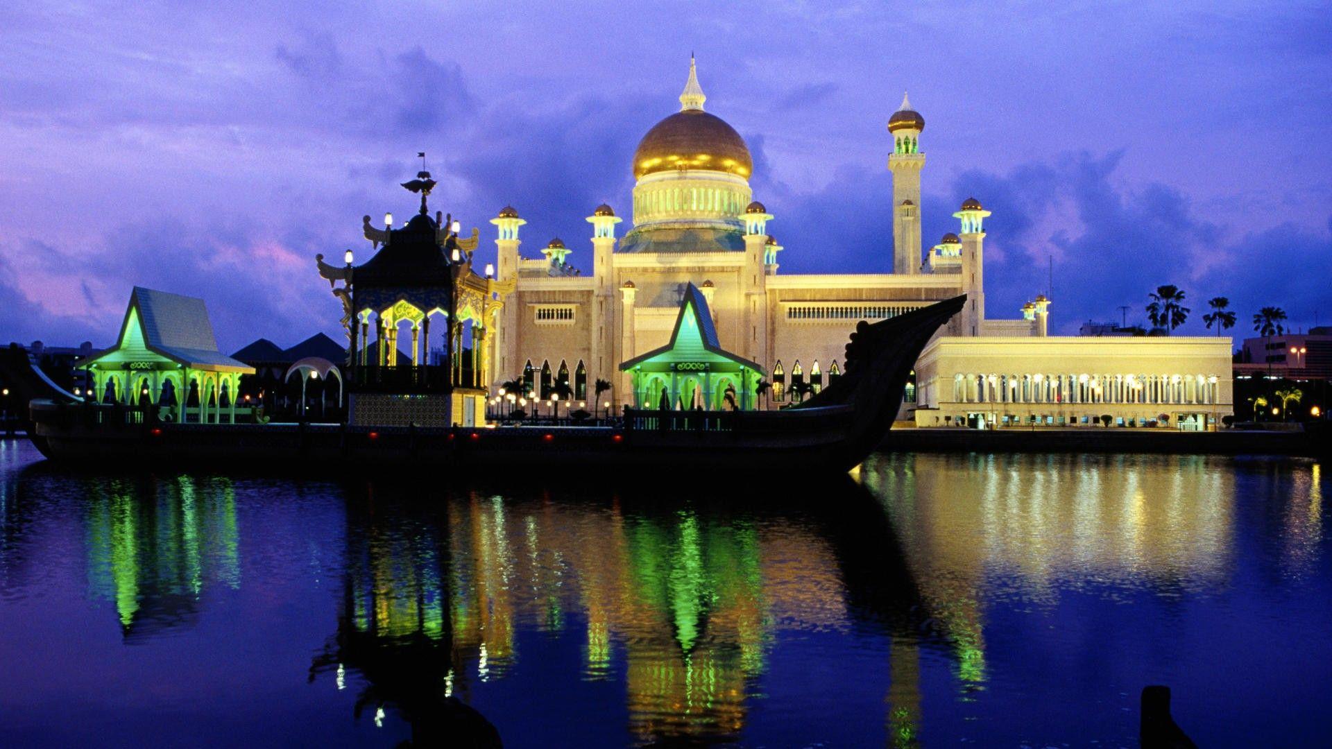 Full HD Wallpaper sultan omar ali saifuddin mosque illumination