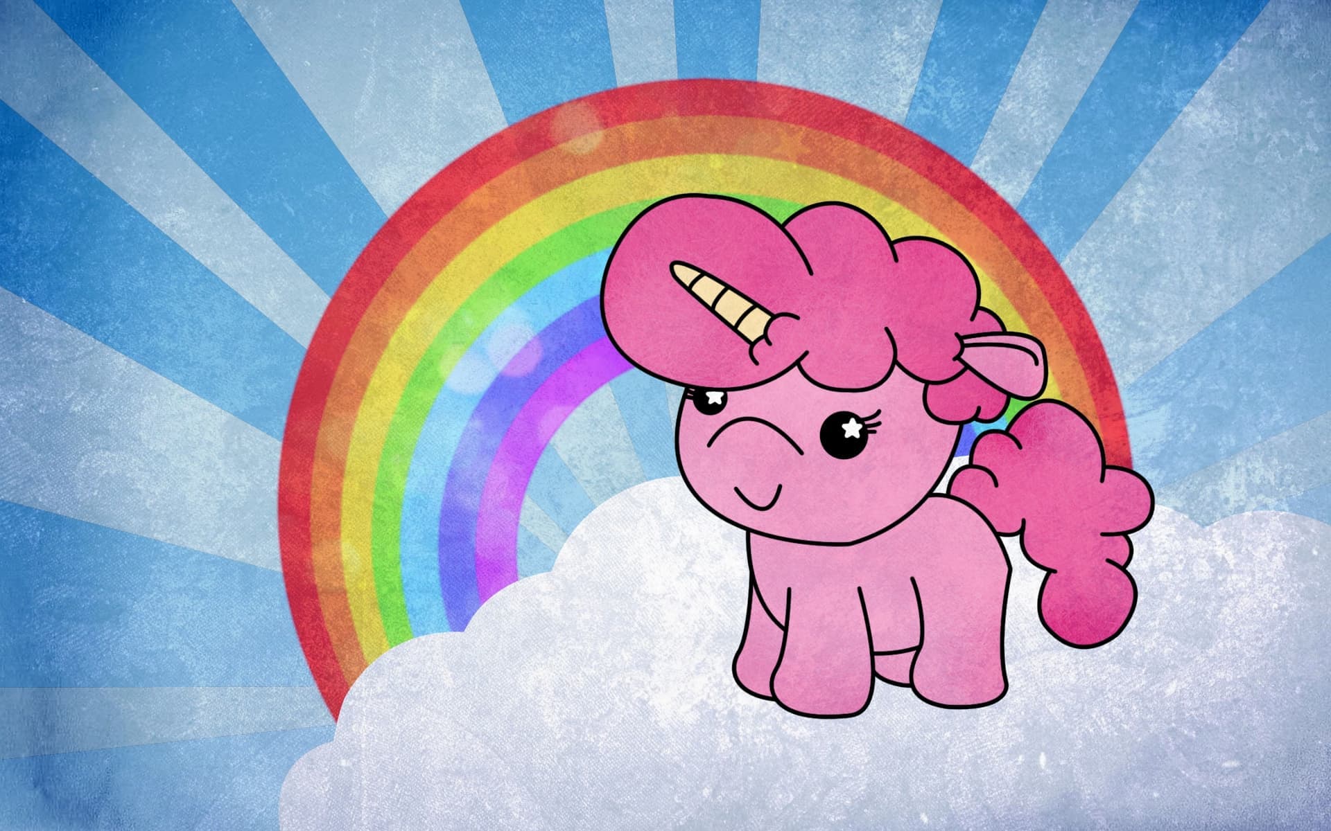 Pink fluffy unicorn dancing on rainbow