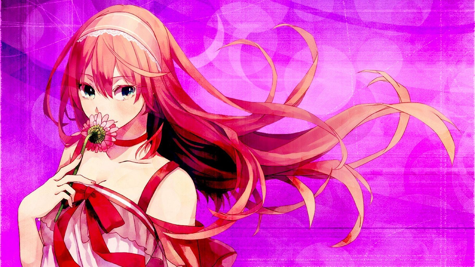 Vocaloid Girl Flower Smell Red Hair Anime Neko Wallpapers HZk164