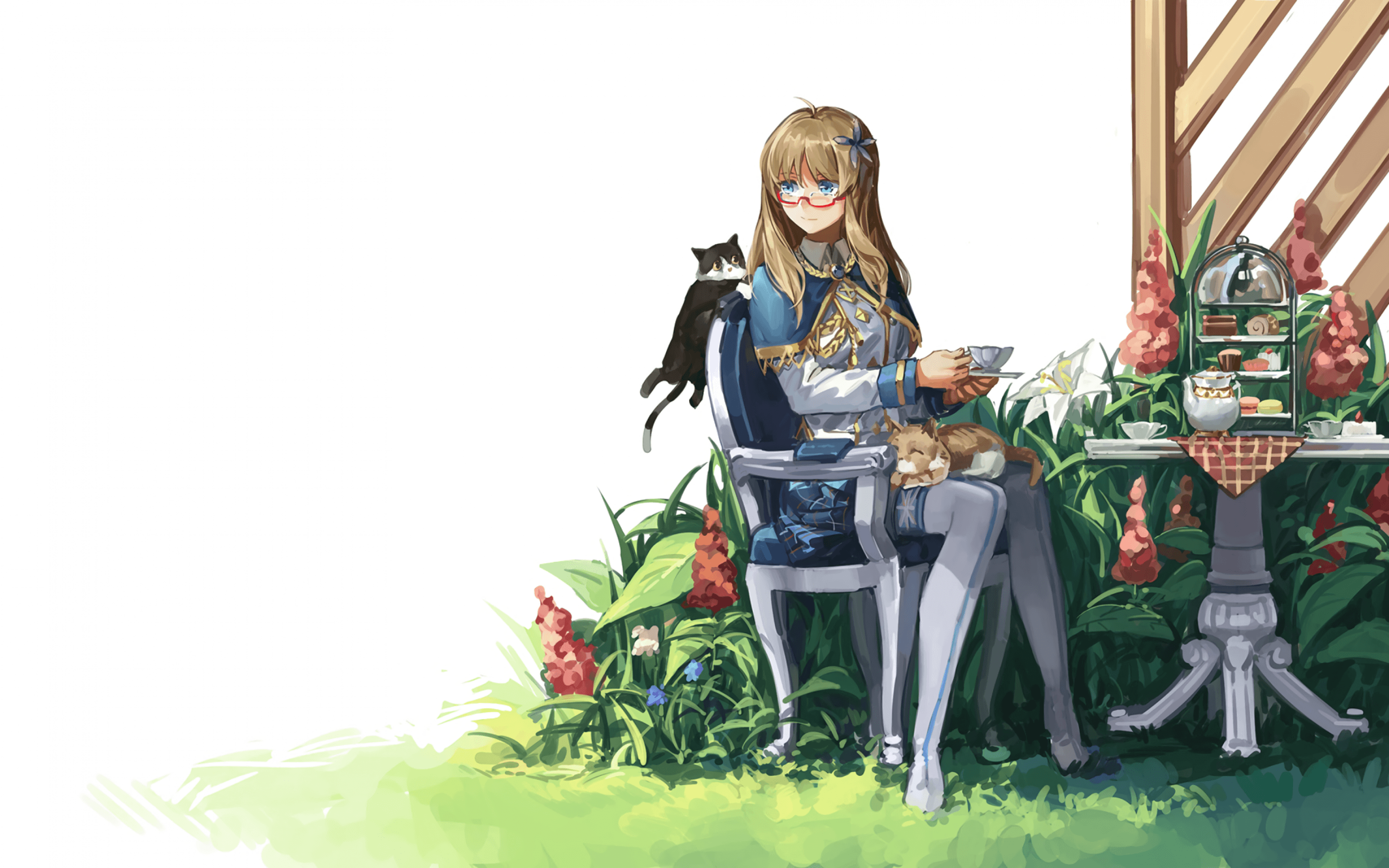 Download 2880x1800 Anime Girl, Glasses, Sitting, Coffee, Drinking