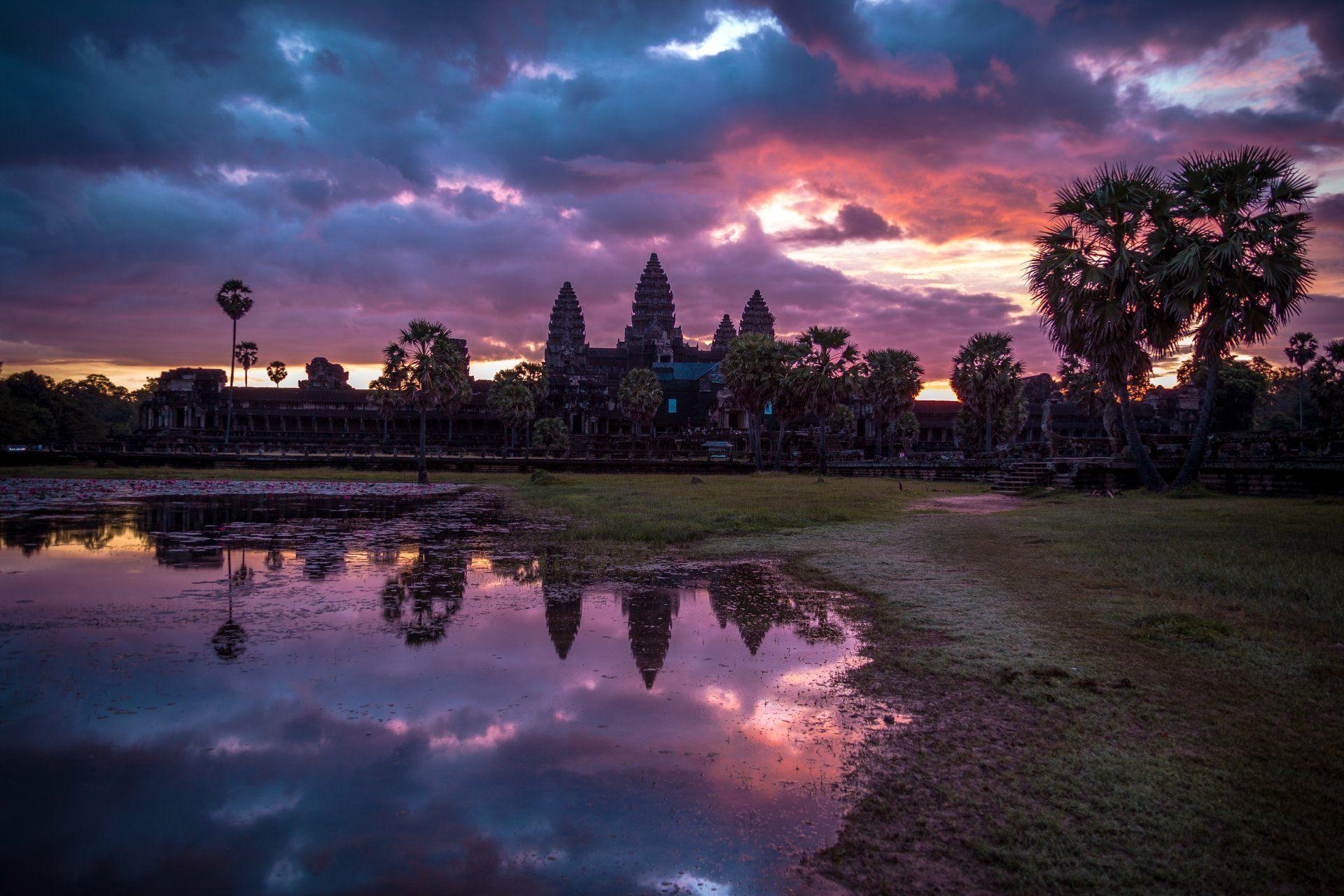 sunrise angkor wat cambodia landscape HD wallpaper