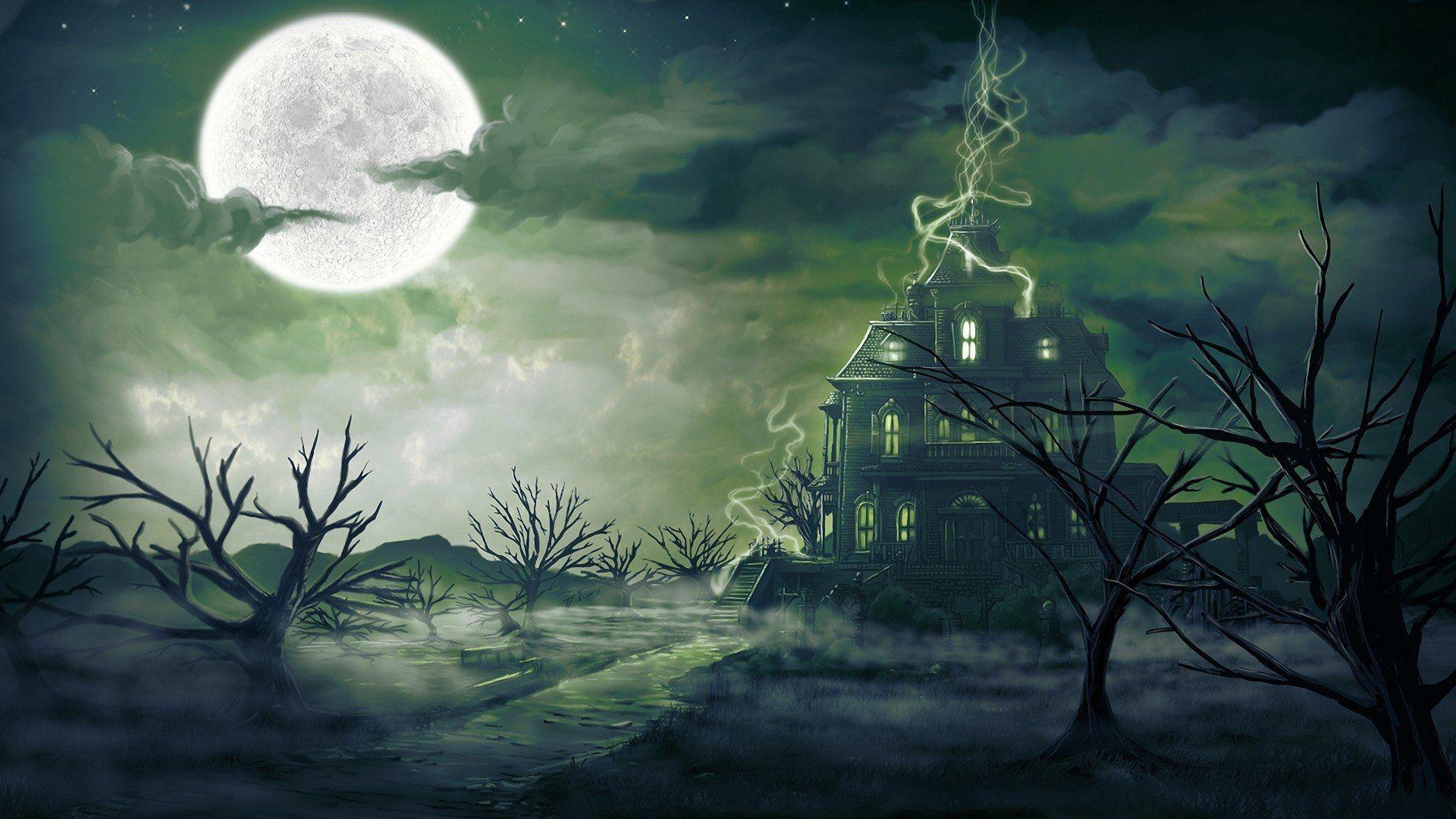 Clouds trees stars Moon haunted house wallpaperx1080