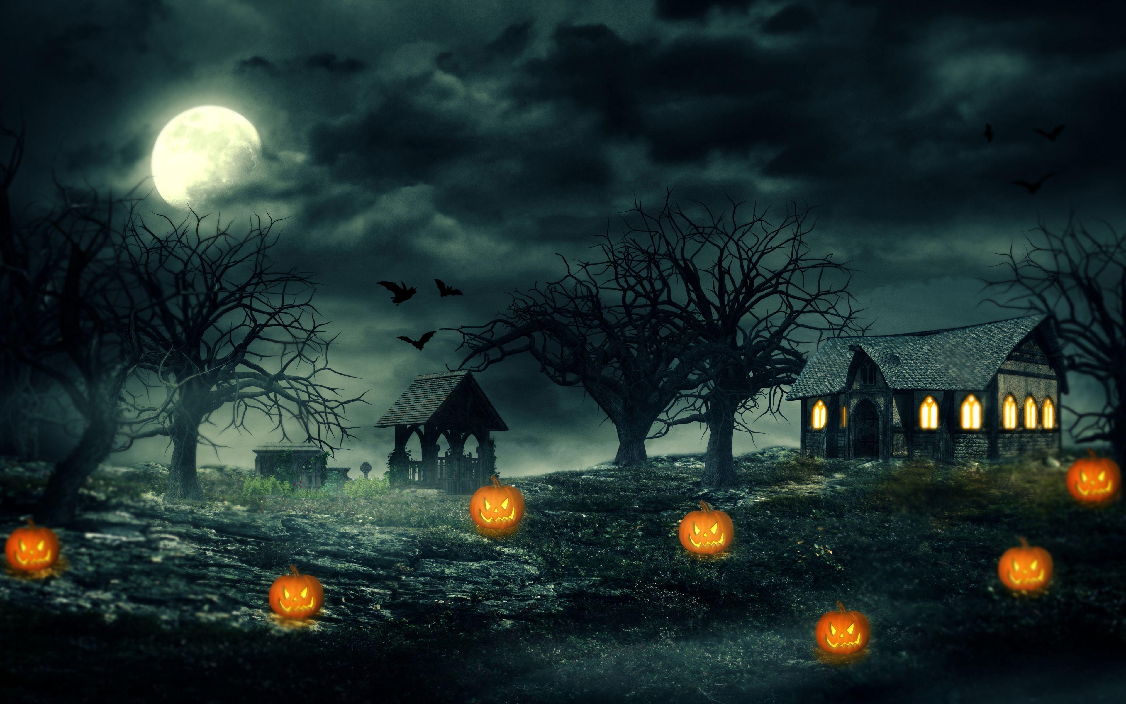 Halloween Night, Pumpkins, Haunted House, Scary widescreen wallpaper
