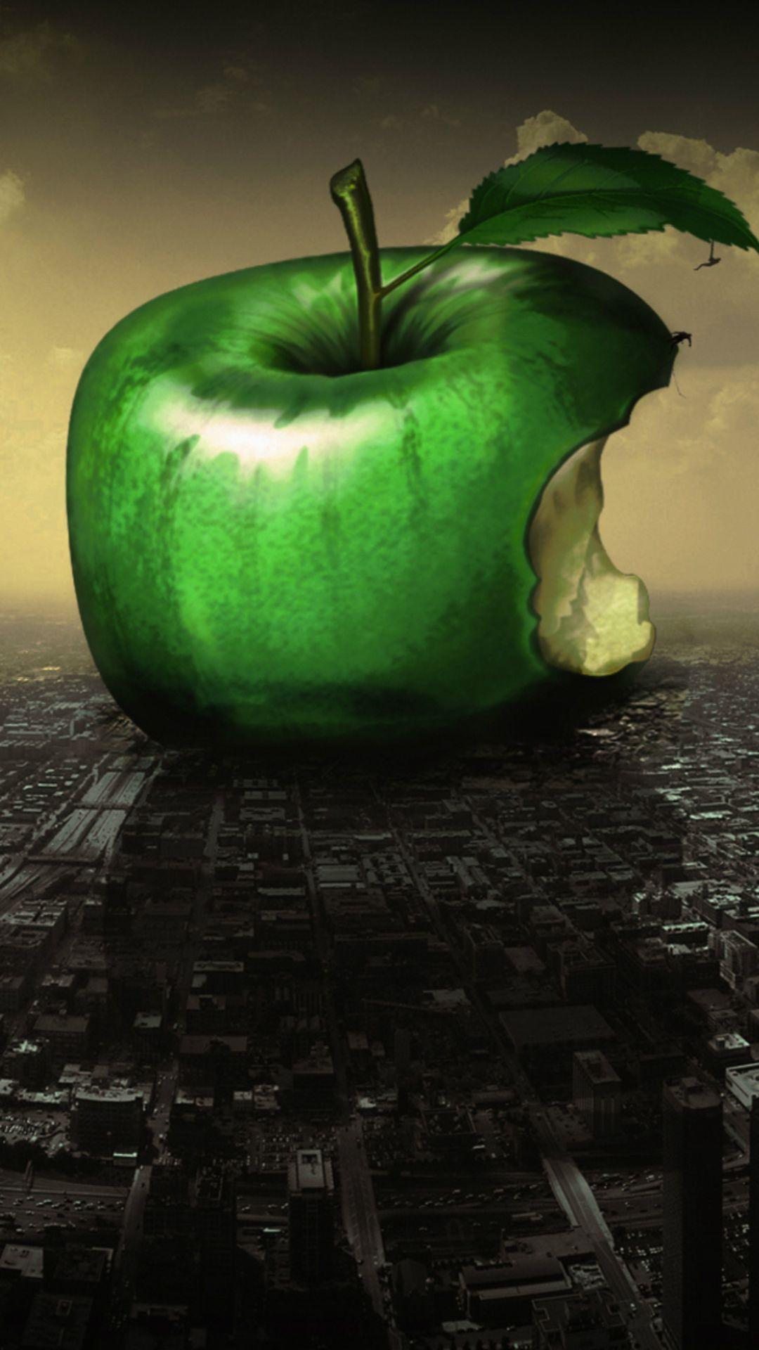 Huge Green Apple Bitten Fall City Art iPhone 8 Wallpaper Download