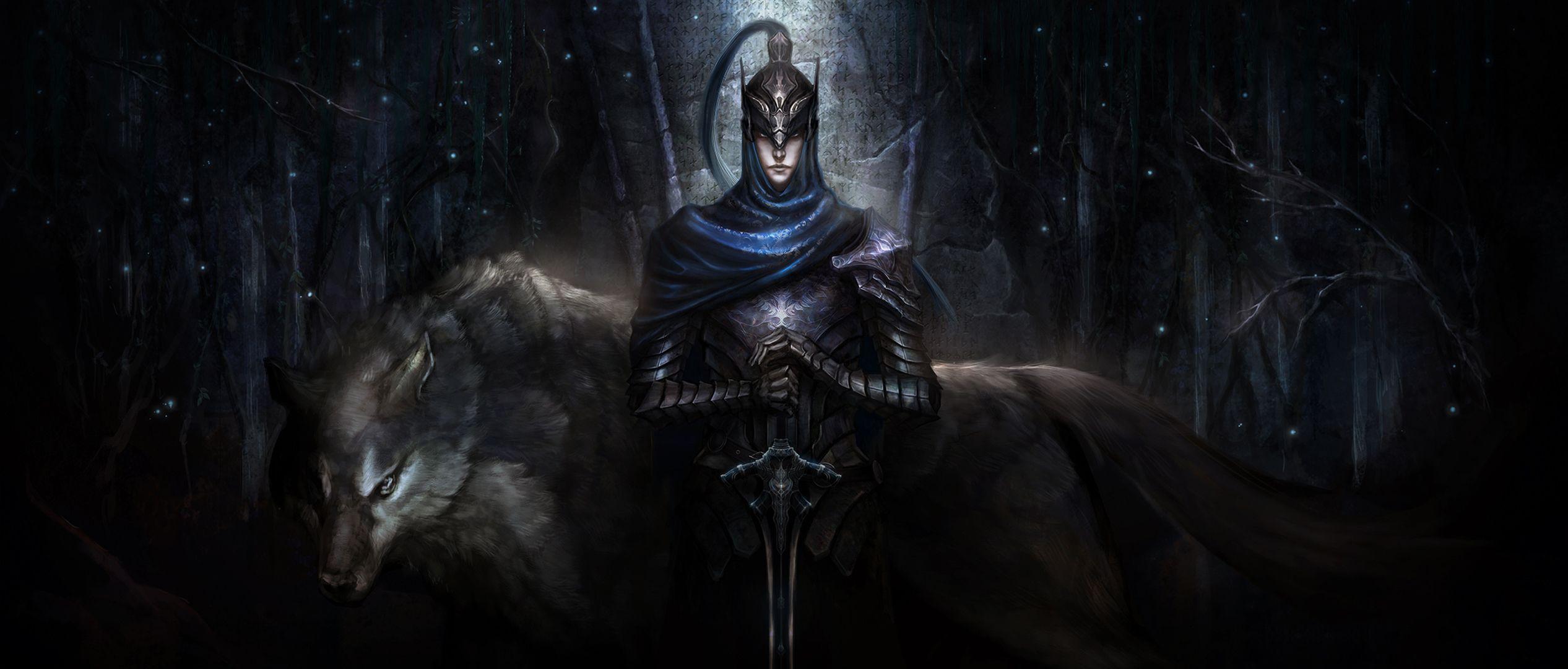 Knight Artorias with wolf standing in the dark HD wallpaper