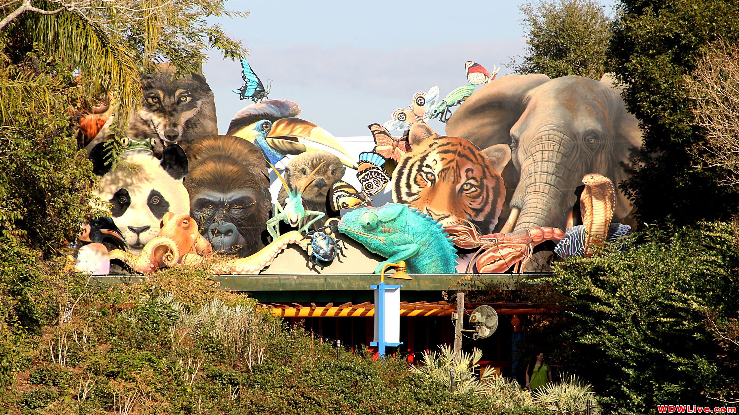 Conservation Station: Large animal cutouts overlook the entrance