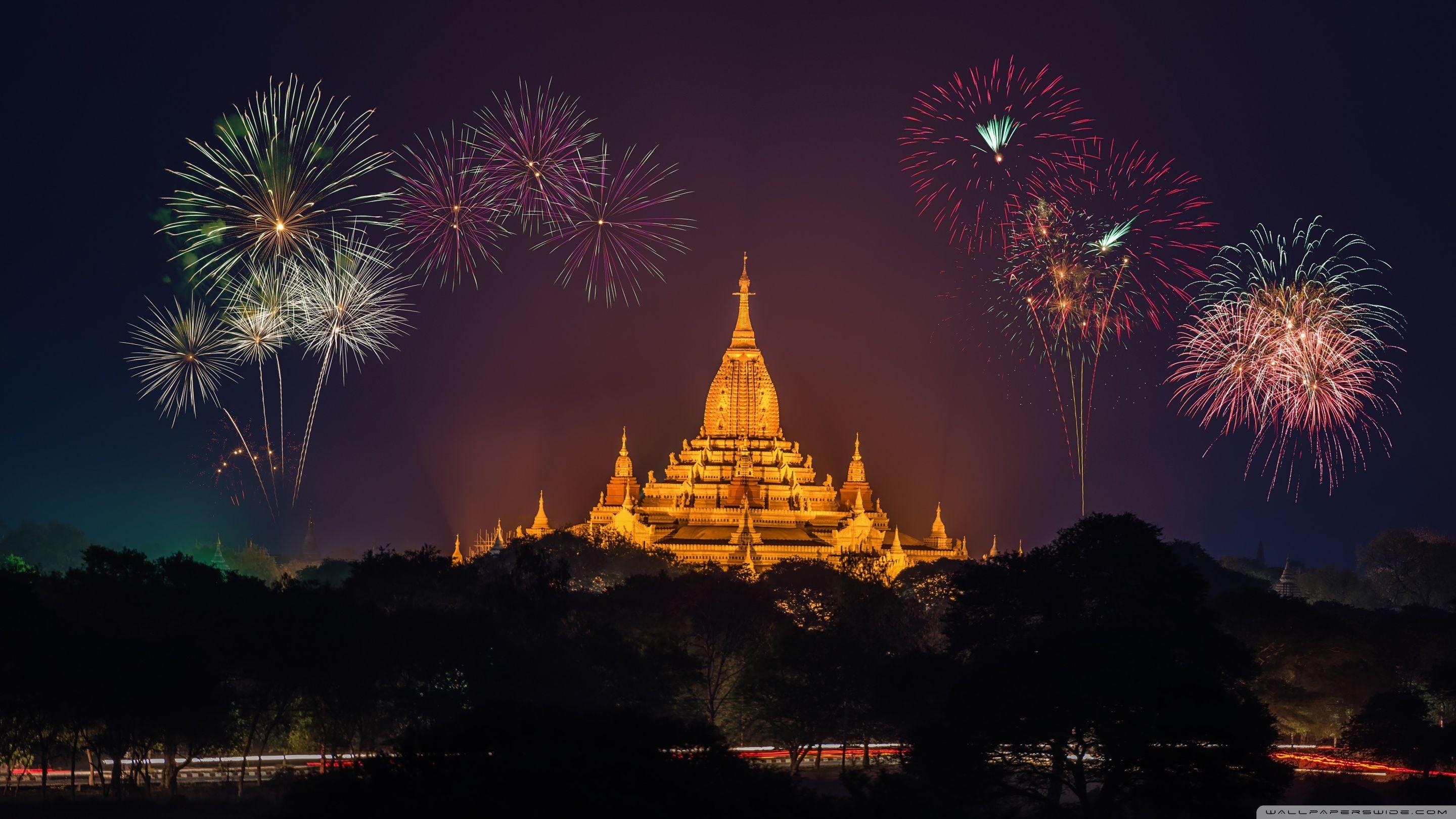 Golden Pagoda, Fireworks HD desktop wallpaper, Widescreen, High