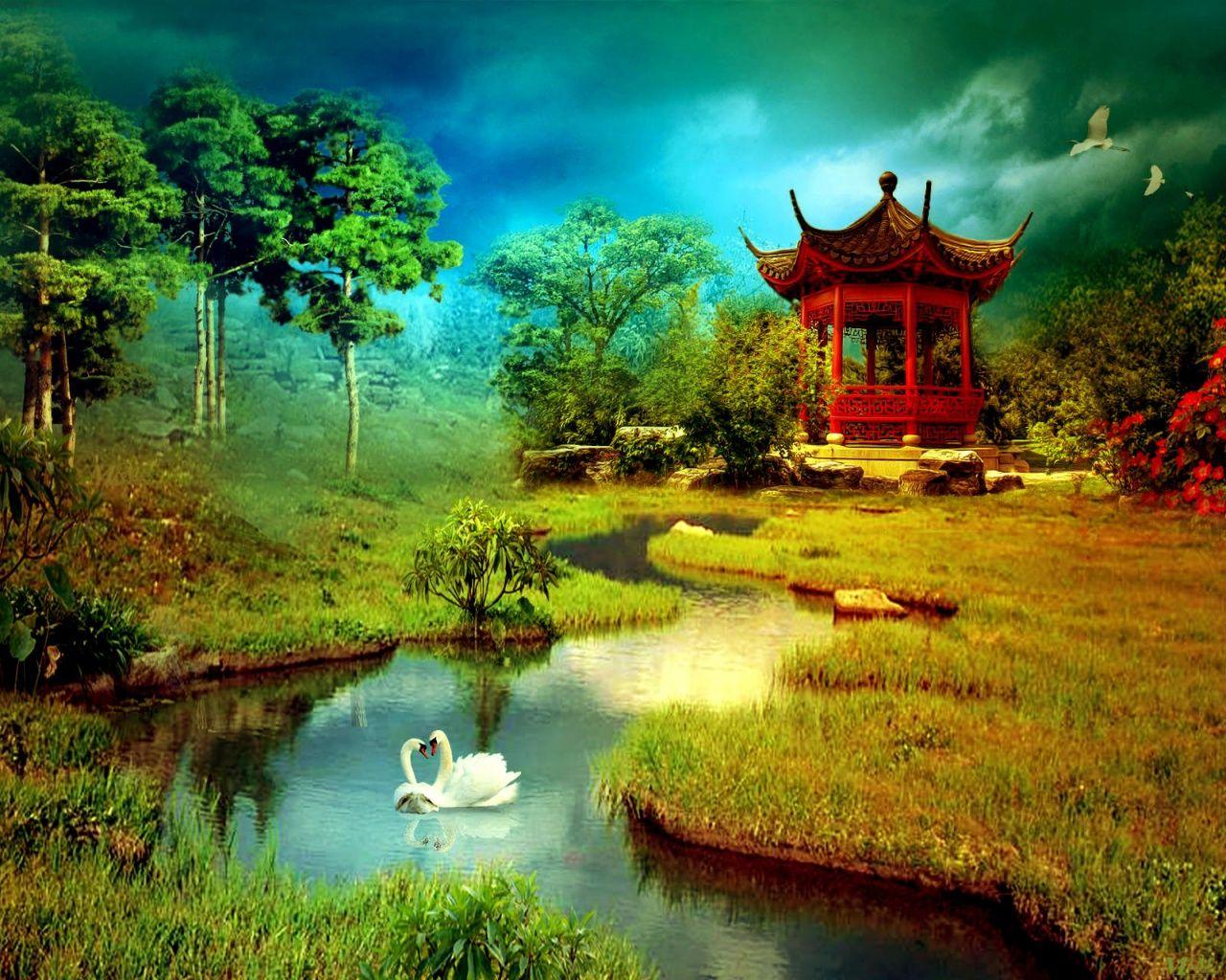landscape, nature, pagoda, sky, swans, trees, water. places