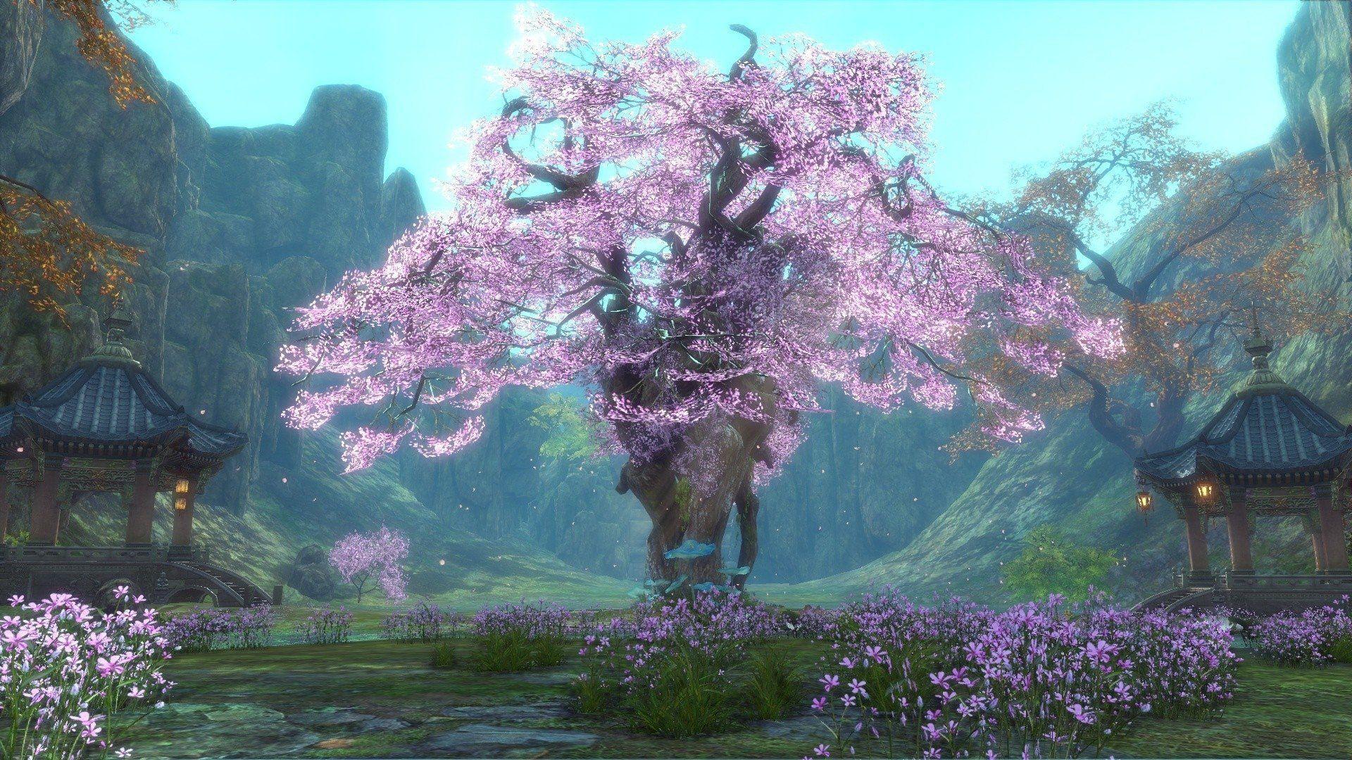 Pink Tree in Fantasy Landscape HD Wallpaper