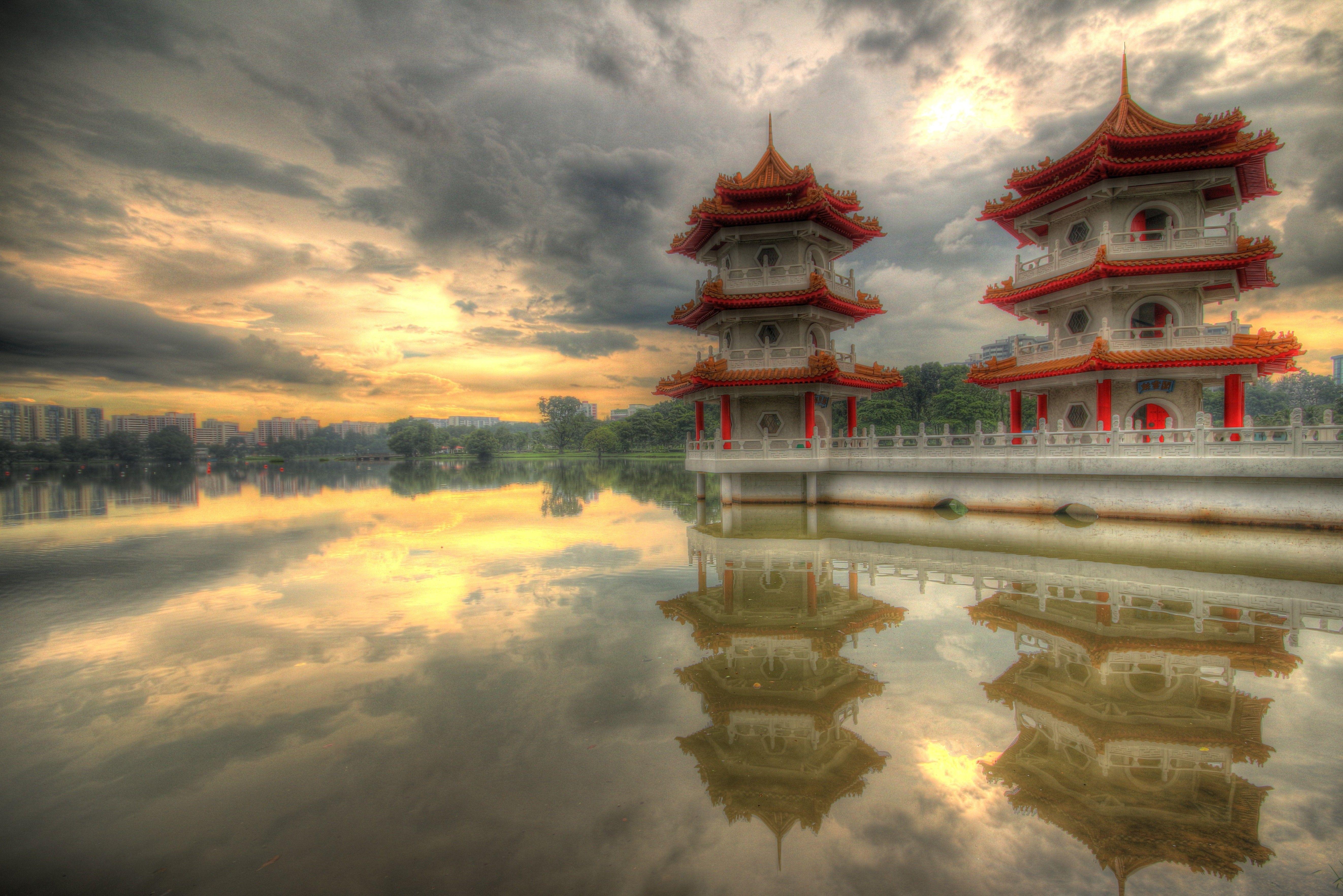 Singapore, Sunset, Pagoda, Lake, Water, Clouds, Reflection
