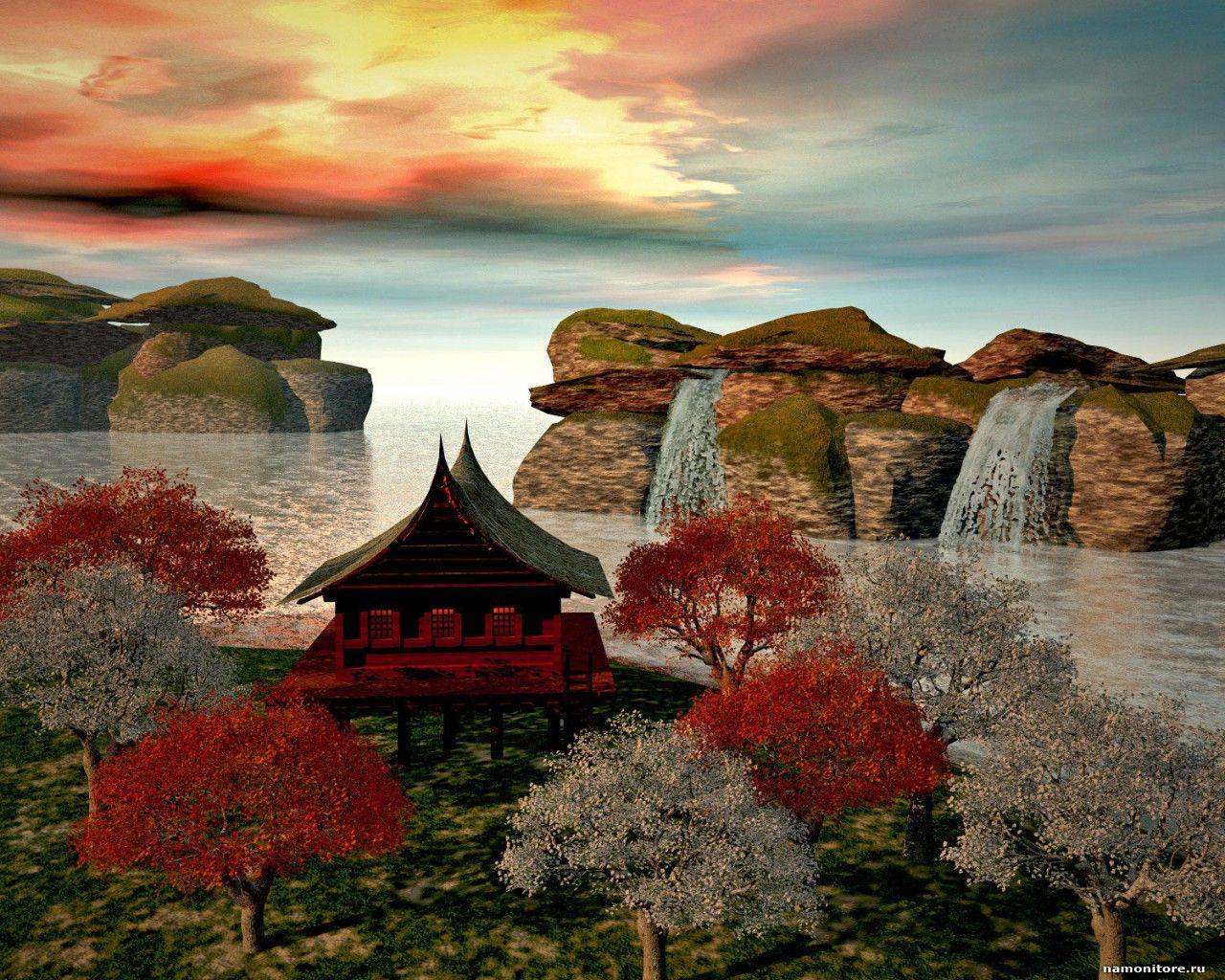 The Japanese dream, 3D, drawed, Japan, landscapes, nature, pagoda