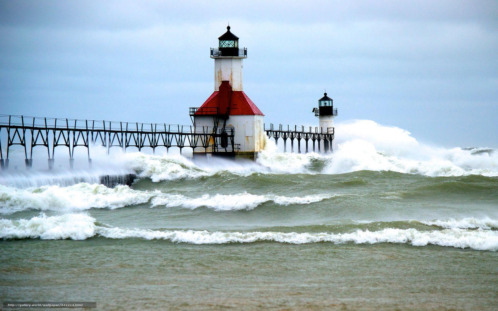 Download wallpaper lake michigan, Lake Michigan, lighthouse, storm