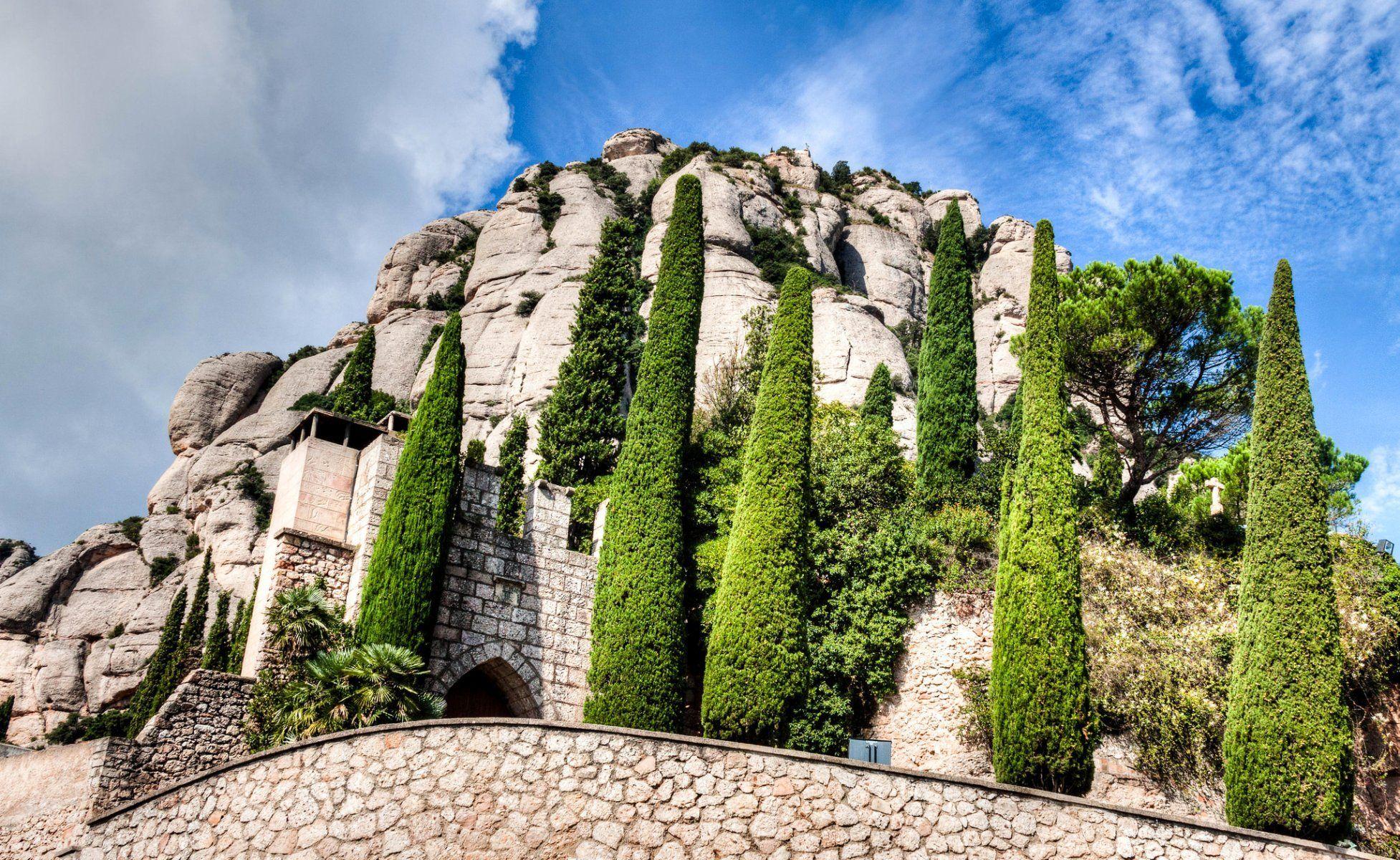 montserrat catalonia spain mountain monastery tree sky clouds HD