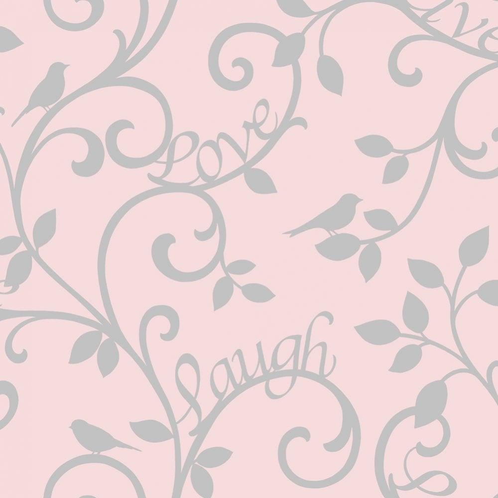 Fine Decor Live Laugh Love Scroll Wallpaper Pink, Silver FD40285
