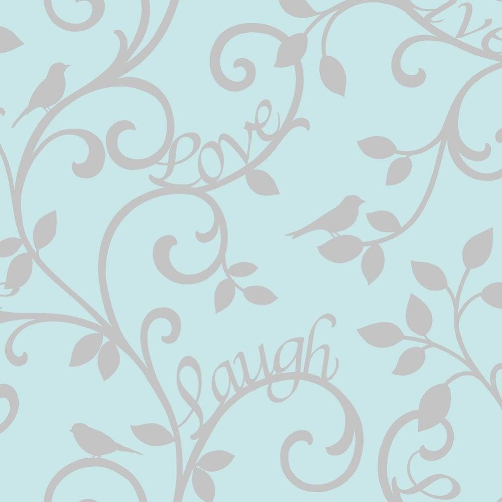 Fine Decor Live Love Laugh Scroll Wallpaper Teal / Silver FD40288