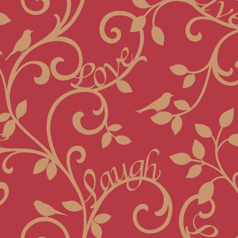 Fine Decor Live Love Laugh Scroll Wallpaper Red, Gold FD40284