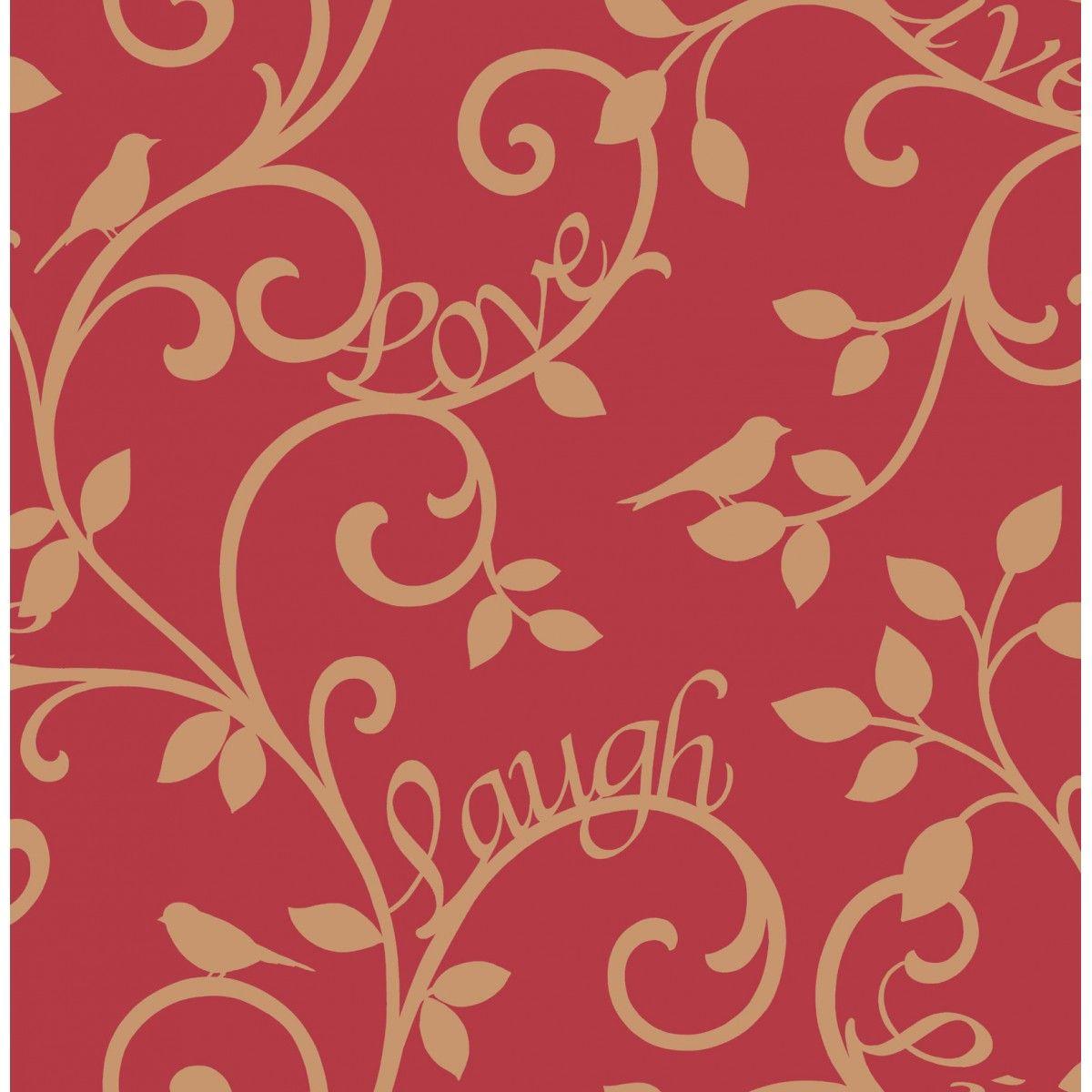 Live, Laugh, Love Red and Gold Motif Wallpaper. Kitchen ideas