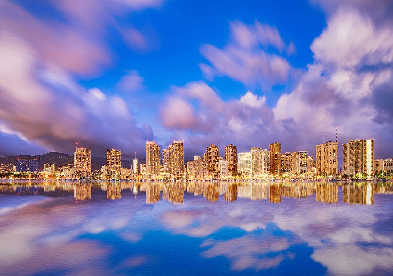 image Hawaii USA Waikiki Honolulu Sea Sky Cities Clouds Houses