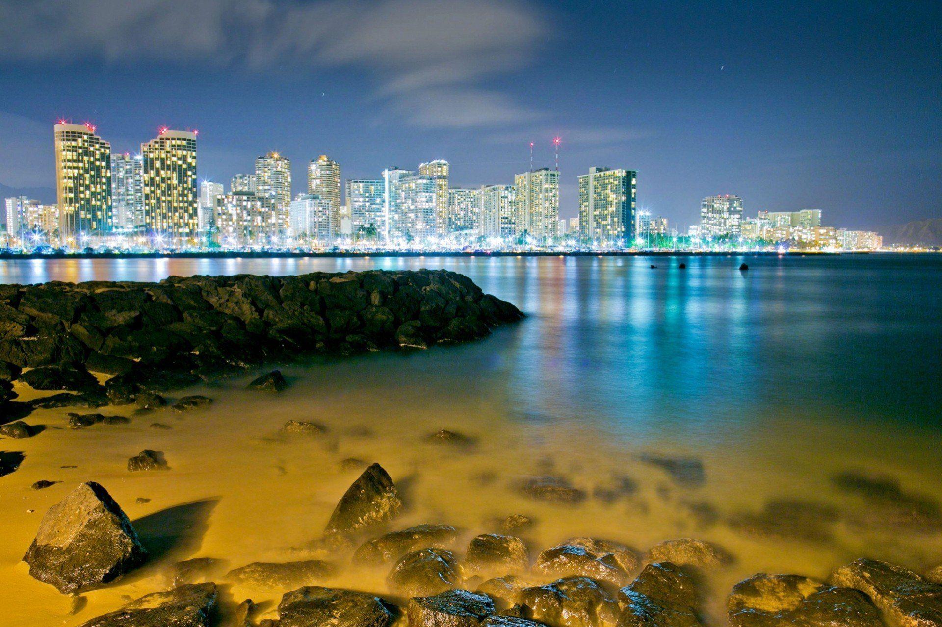 stones honolulu bay hawaii night city HD wallpaper
