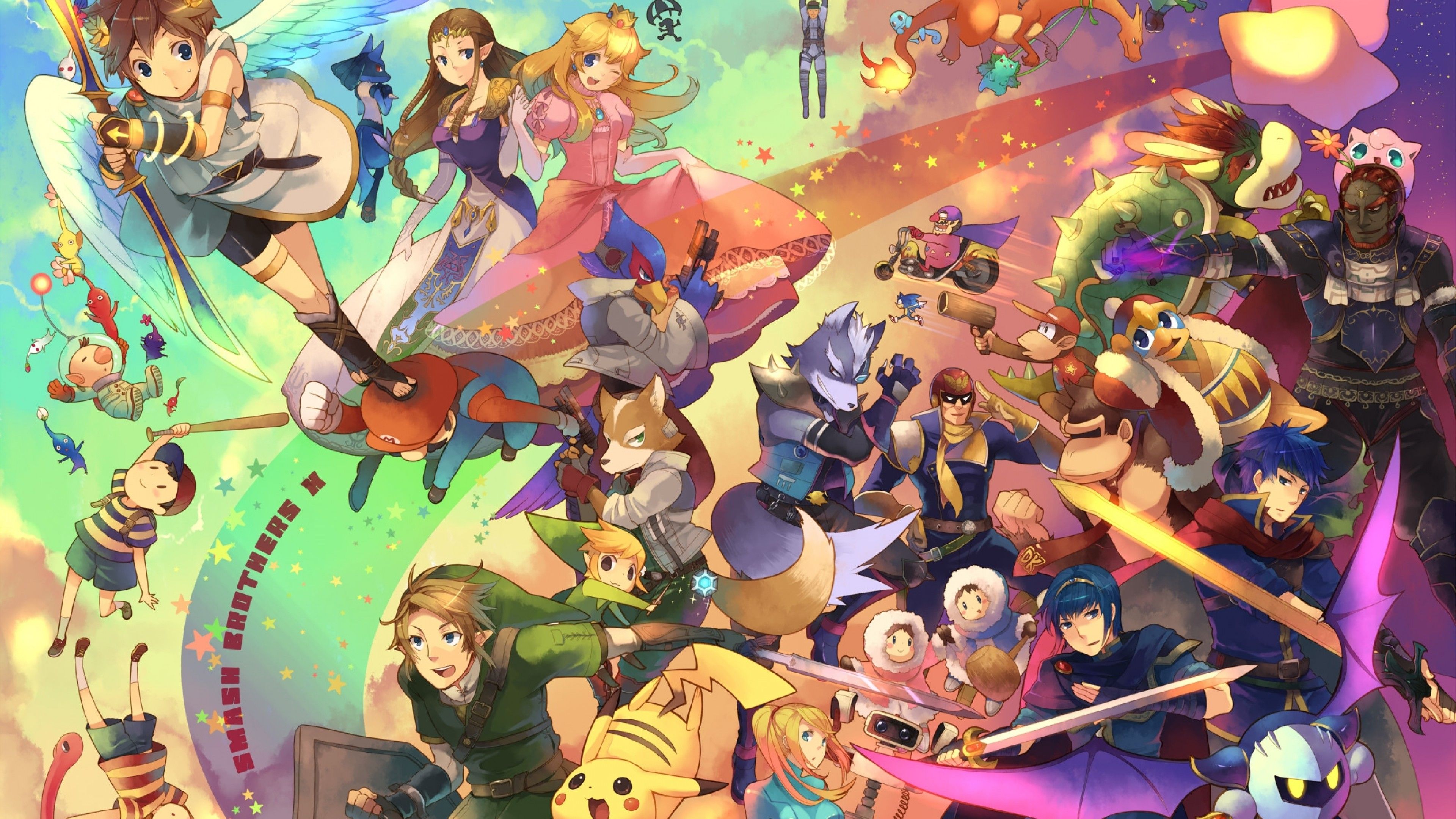 Download 3840x2160 Anime Crossover, Zelda, Pikachu, Pokemon, Mario