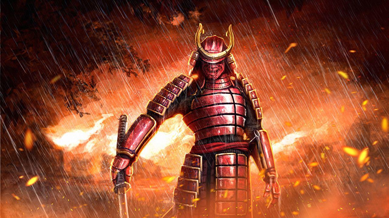 Wallpaper Armor Swords Samurai Warriors Fantasy Rain Flame Masks